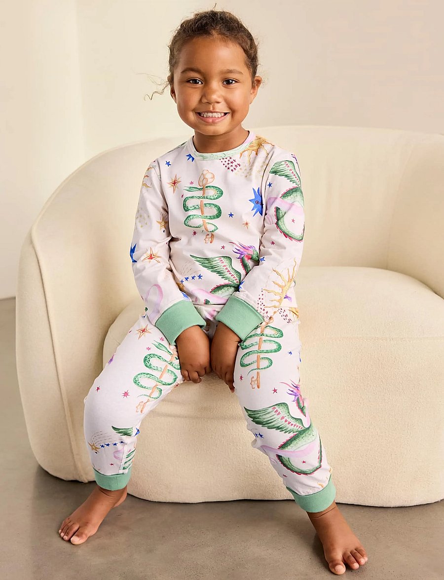 Chelsea Peers - Kids Organic Cotton Mythical Dragon Print Long Pyjama Set - komplektid - off white - 2