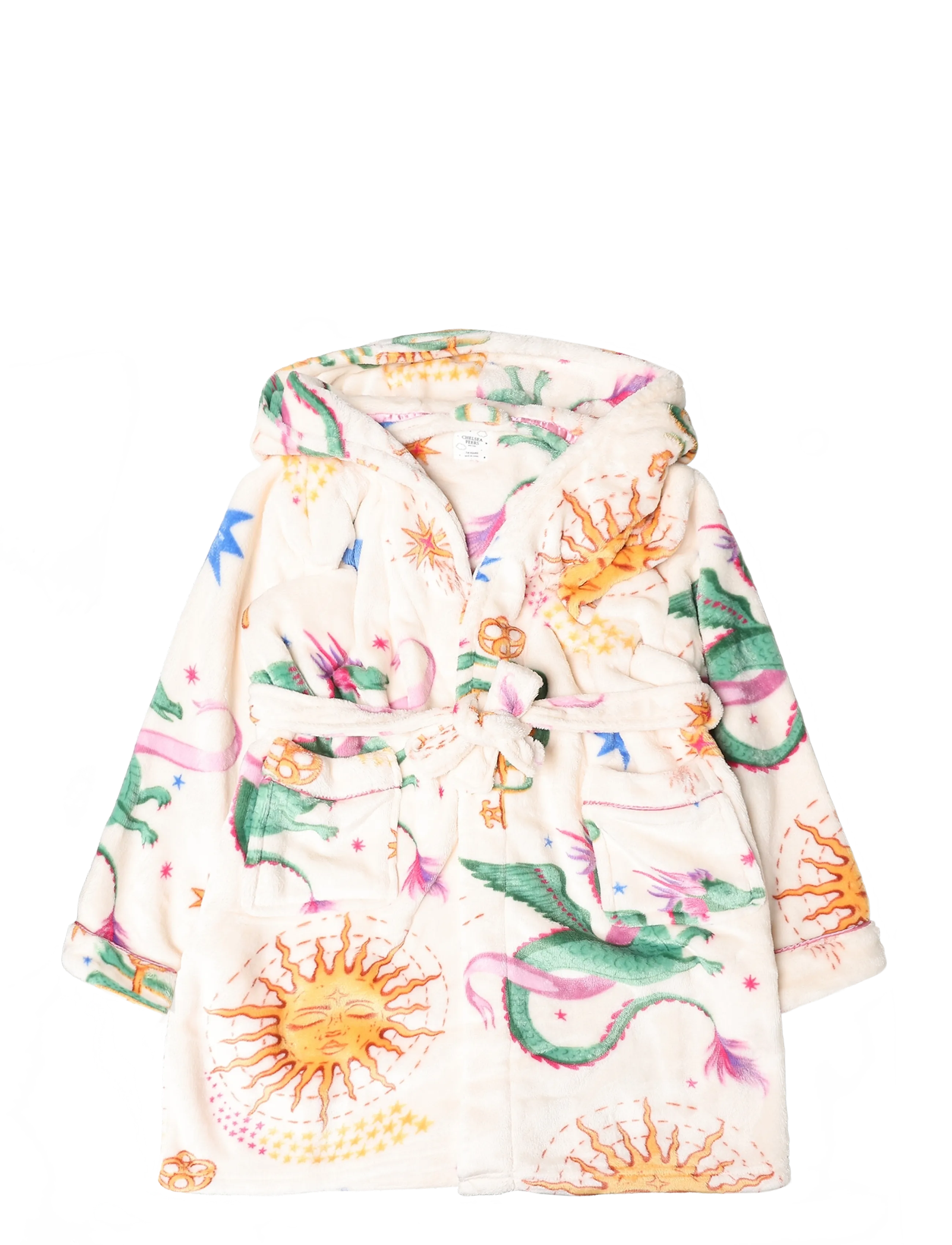Chelsea Peers Kids Fleece Mythical Dragon Print Hooded Dressing Gown - Teens 140-176 - OFF WHITE / cream