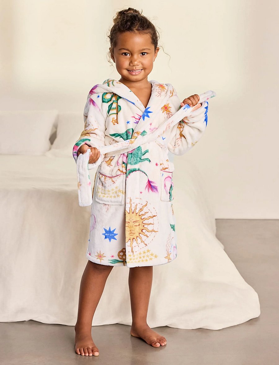 Chelsea Peers - Kids Fleece Mythical Dragon Print Hooded Dressing Gown - hommikumantlid - off white - 4