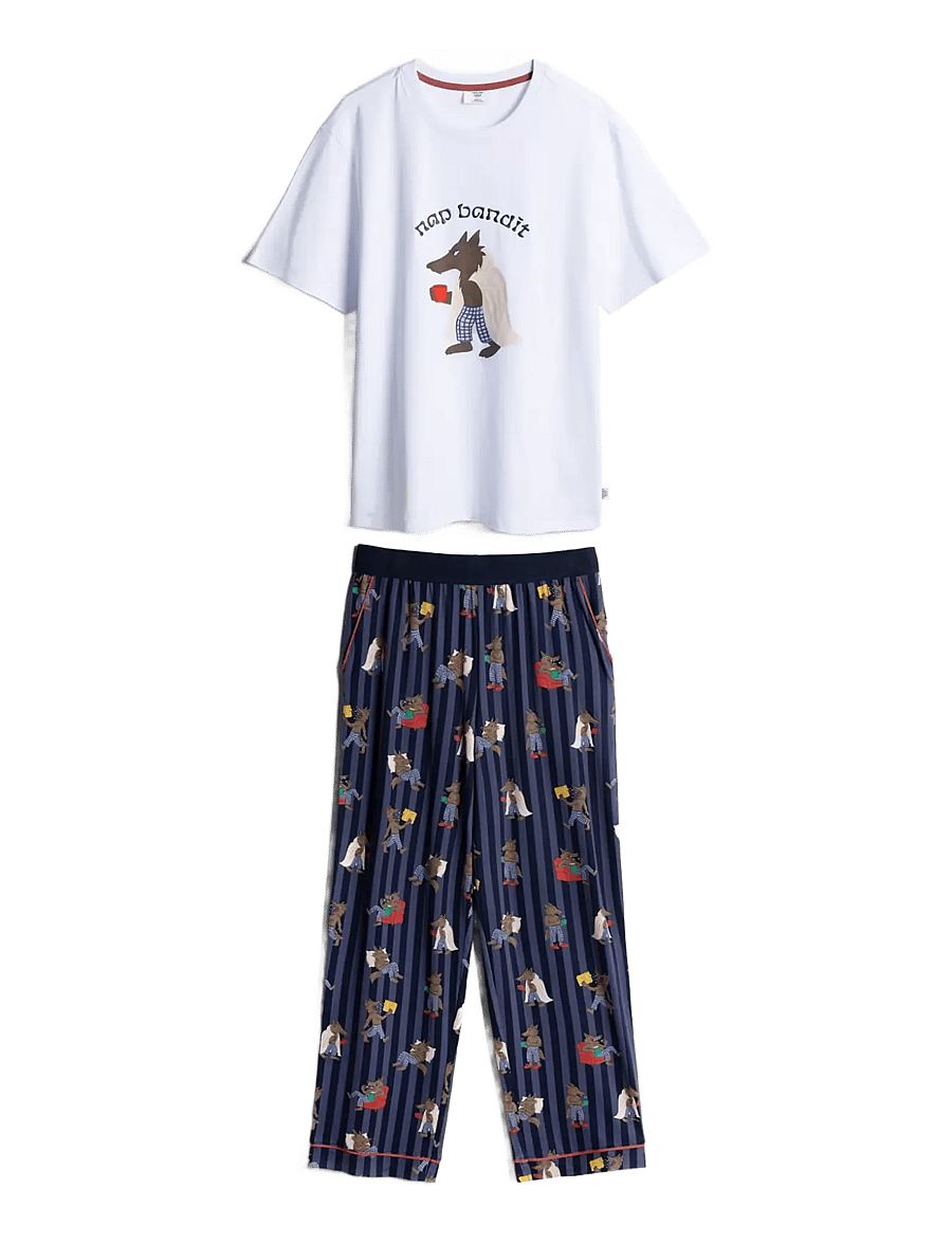 Chelsea Peers - Nap Bandit Wolf Graphic Tee Long Pyjama Set - pidžaamakomplektid - navy - 1
