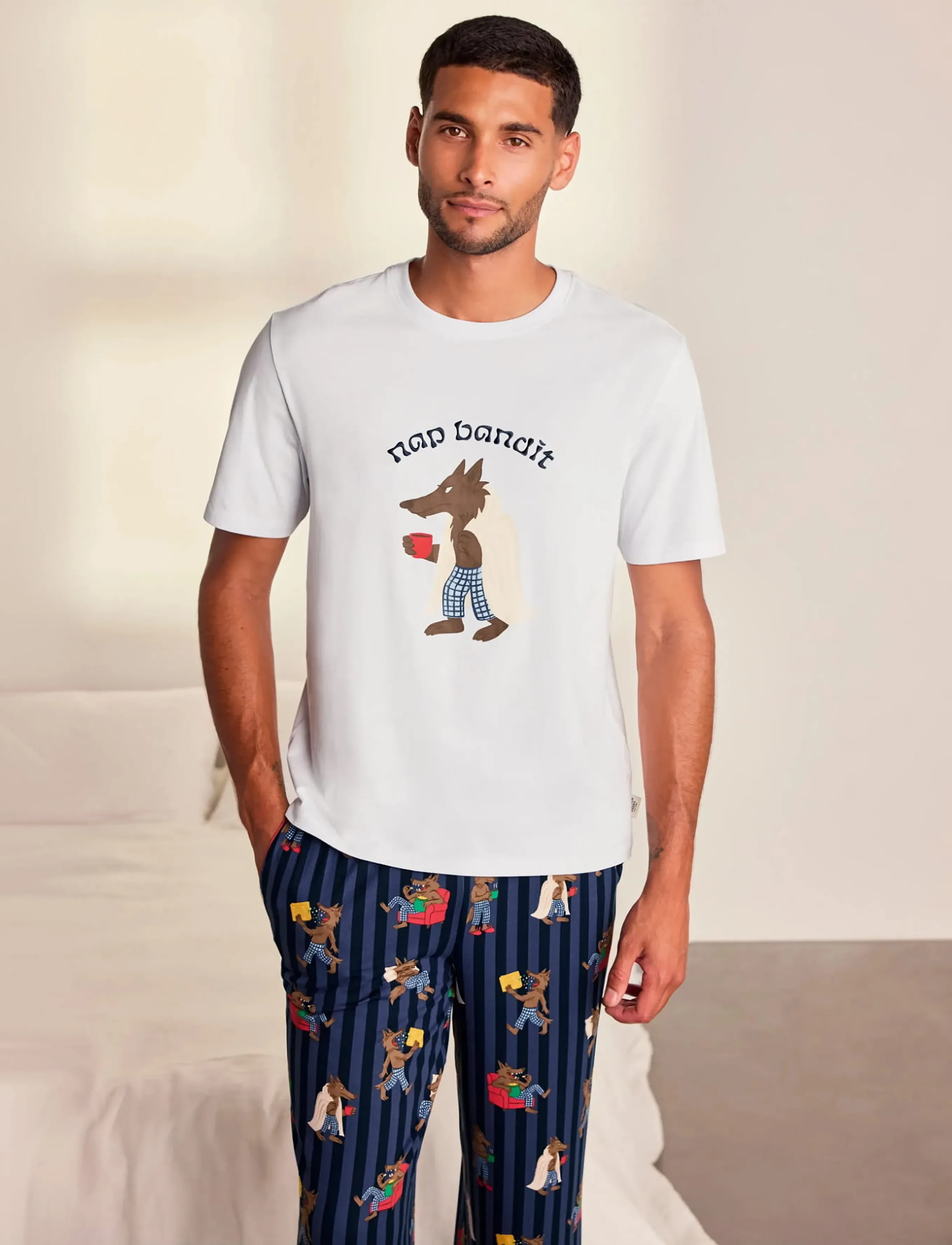 Chelsea Peers - Nap Bandit Wolf Graphic Tee Long Pyjama Set - pidžaamakomplektid - navy - 0