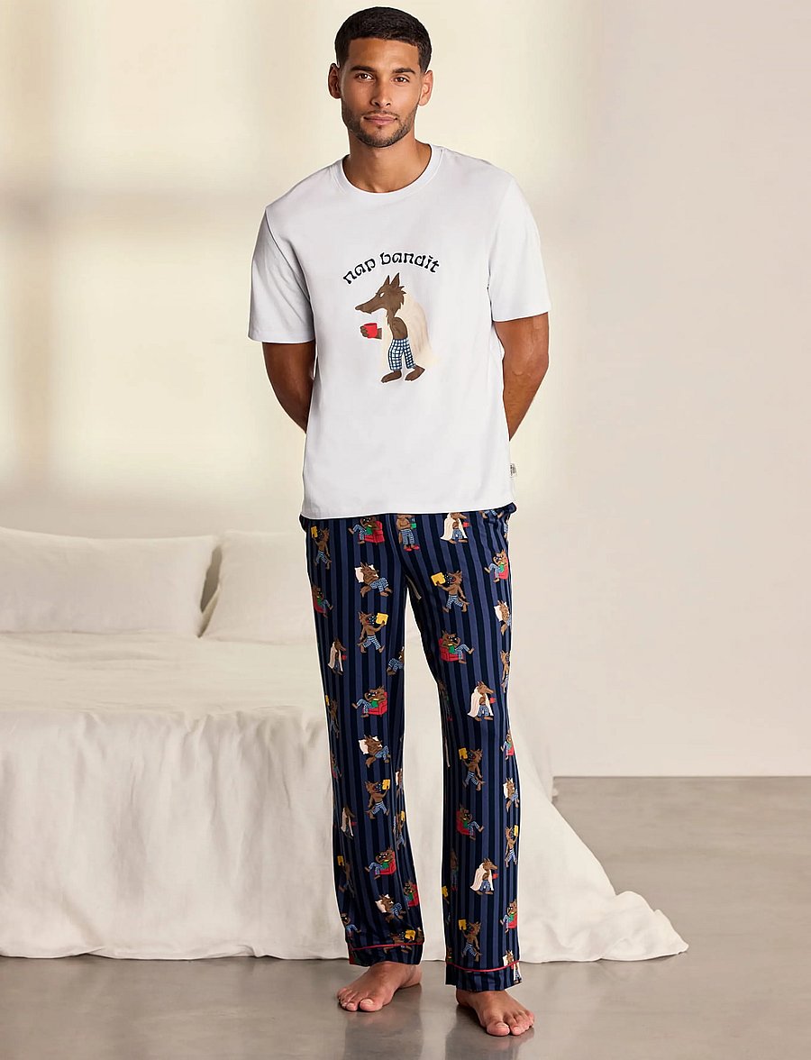 Chelsea Peers - Nap Bandit Wolf Graphic Tee Long Pyjama Set - pidžaamakomplektid - navy - 4