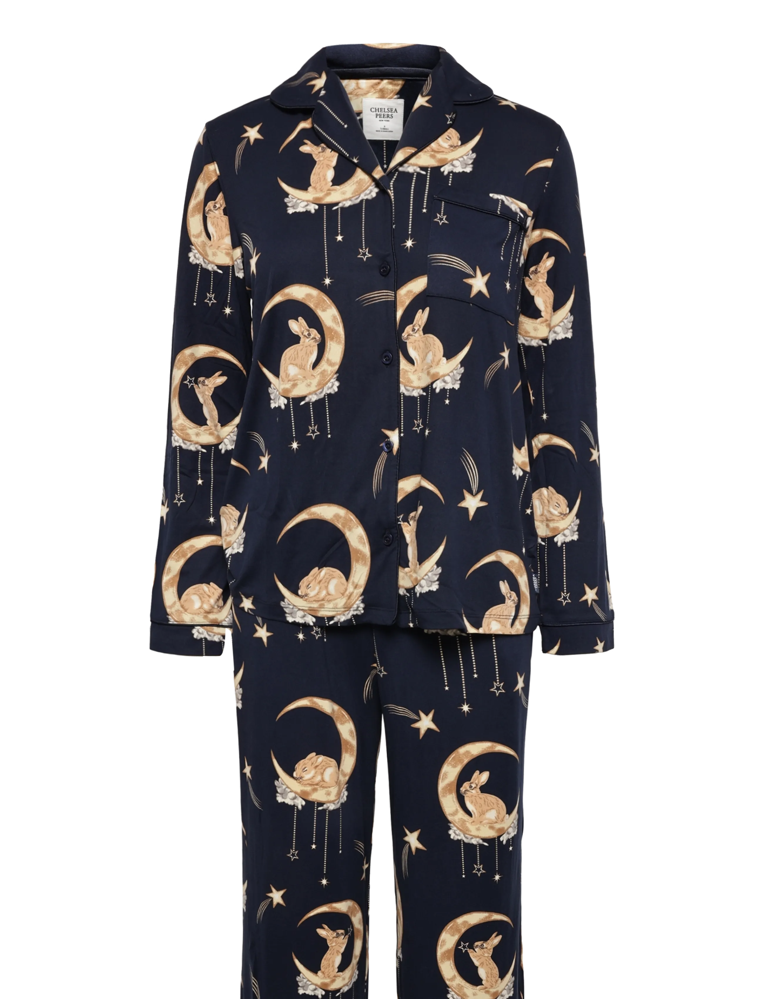 Chelsea Peers - Lunar Bunny Print Button Up Long Pyjama Set - pyjamas - navy - 1