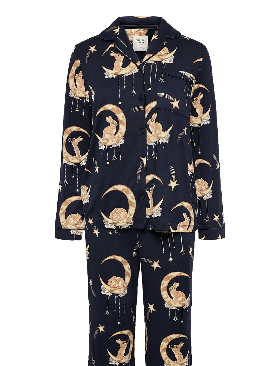 Chelsea Peers - Lunar Bunny Print Button Up Long Pyjama Set - pyjamas - navy - 1
