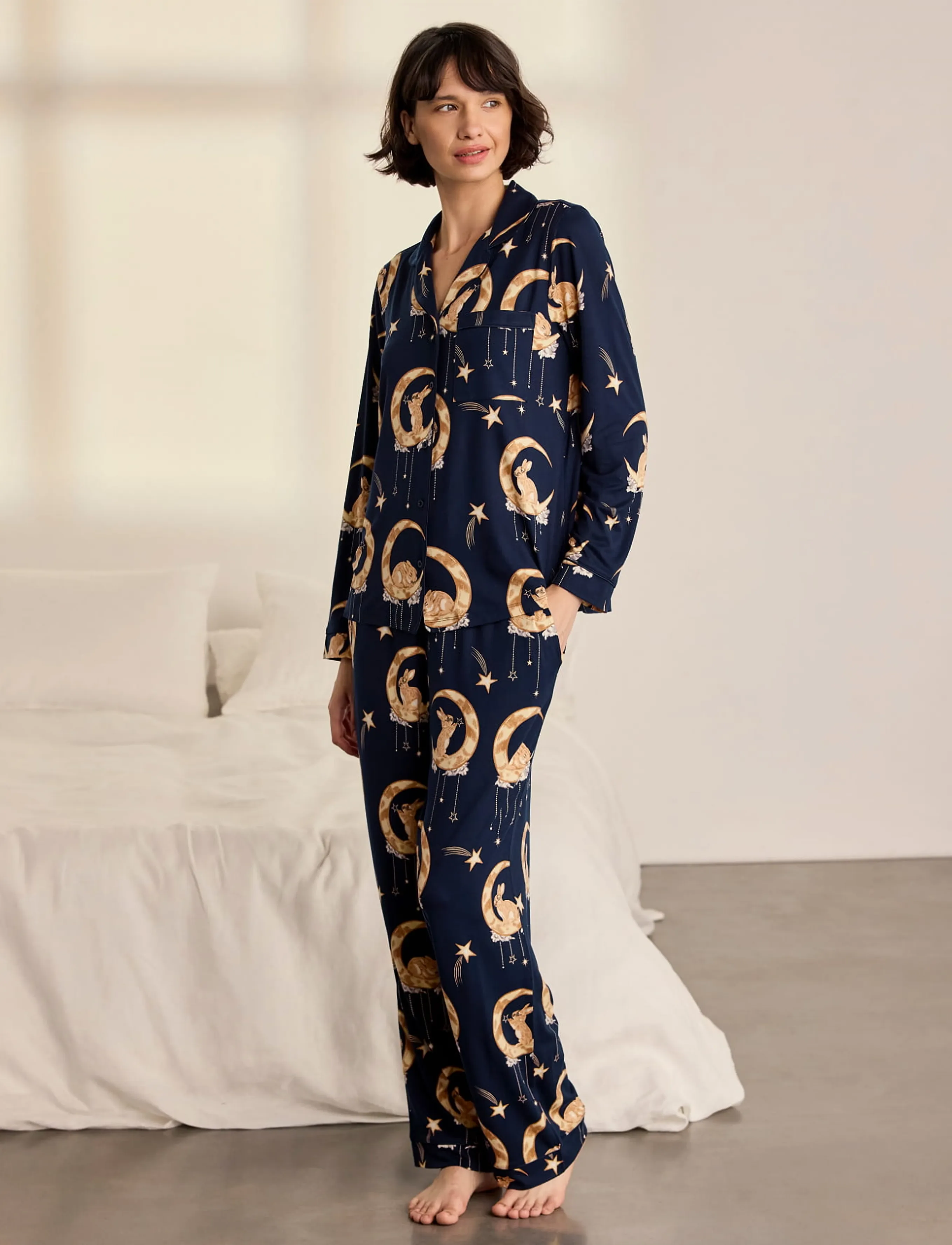 Chelsea Peers - Lunar Bunny Print Button Up Long Pyjama Set - pyjamas - navy - 2
