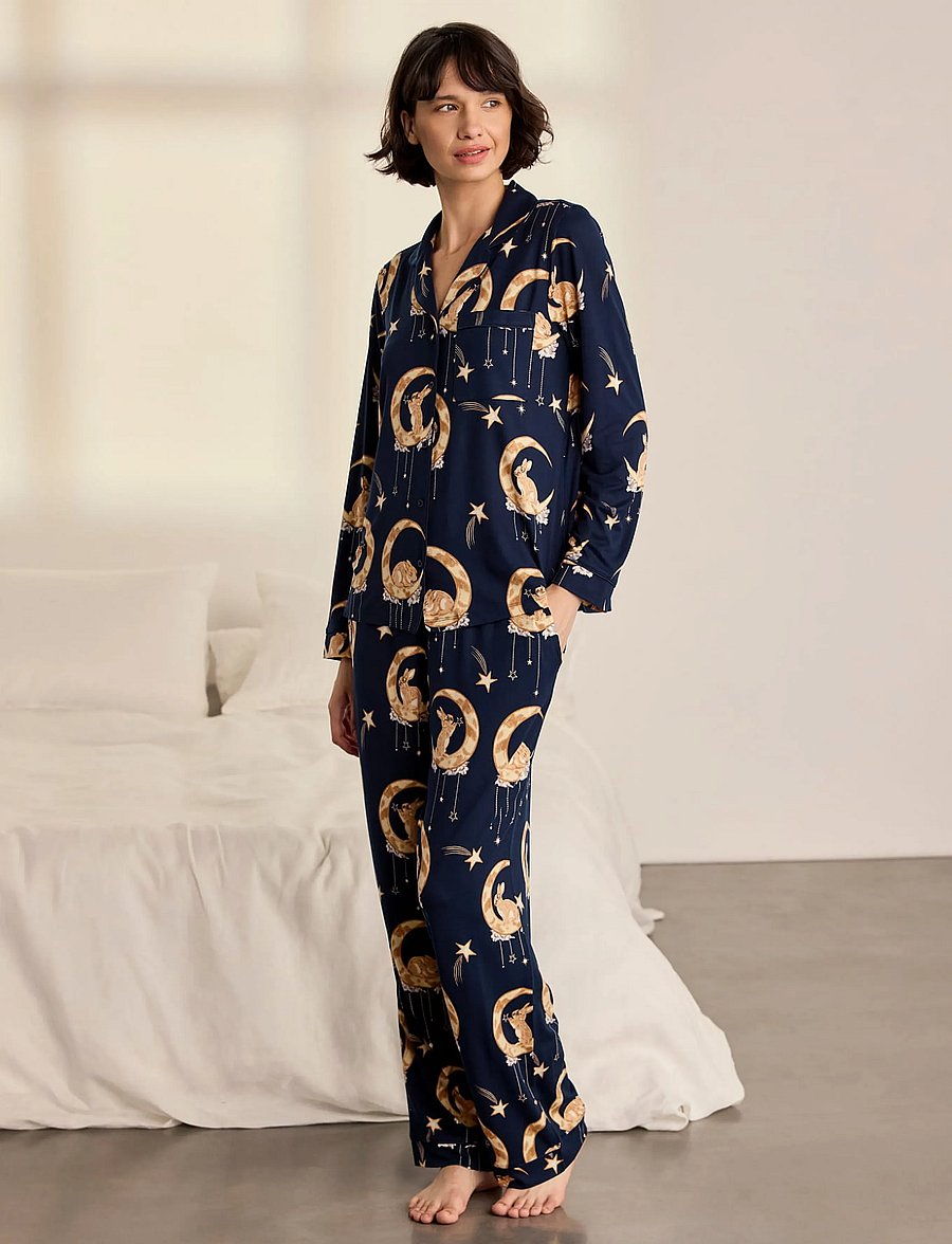 Chelsea Peers - Lunar Bunny Print Button Up Long Pyjama Set - pyjamas - navy - 2