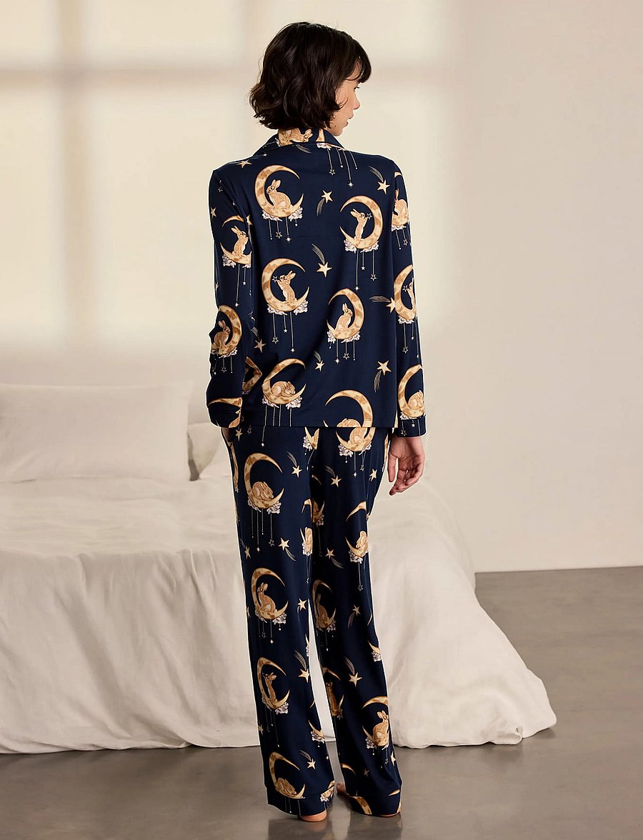 Chelsea Peers - Lunar Bunny Print Button Up Long Pyjama Set - pyjamas - navy - 3