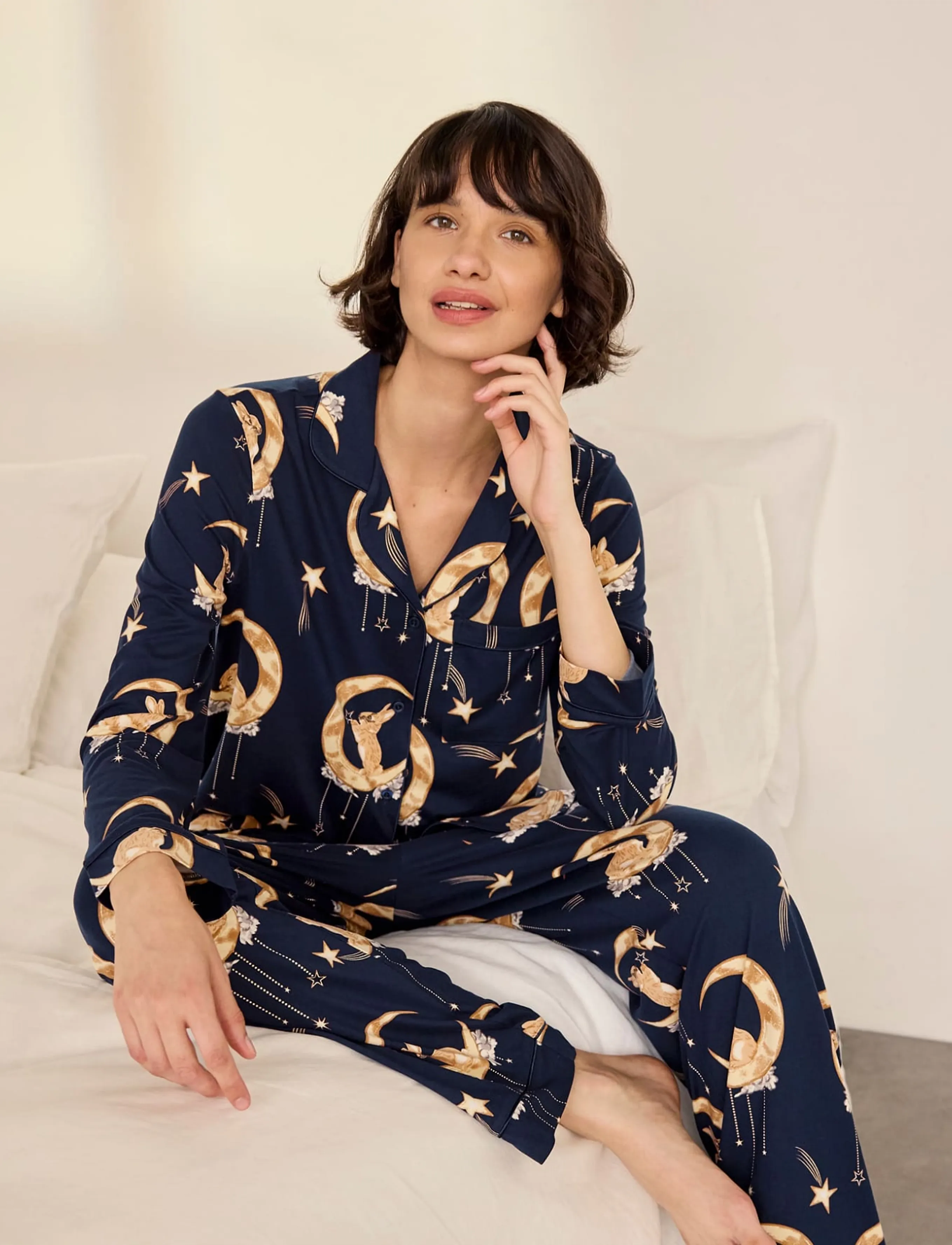 Chelsea Peers - Lunar Bunny Print Button Up Long Pyjama Set - pyjamas - navy - 4