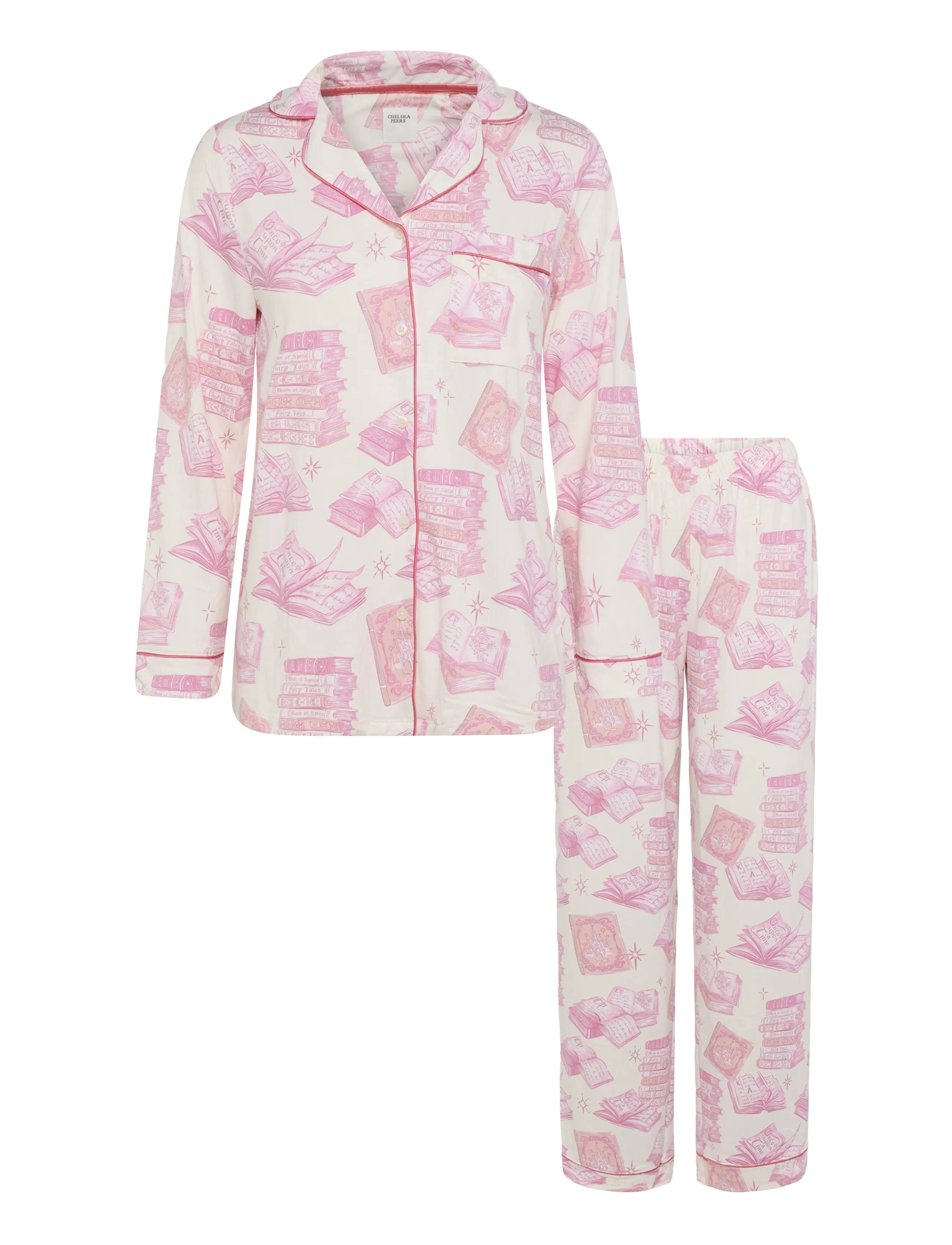 Chelsea Peers Book Print Long Pyjama Set - Lingerie - OFF WHITE / pink/rose