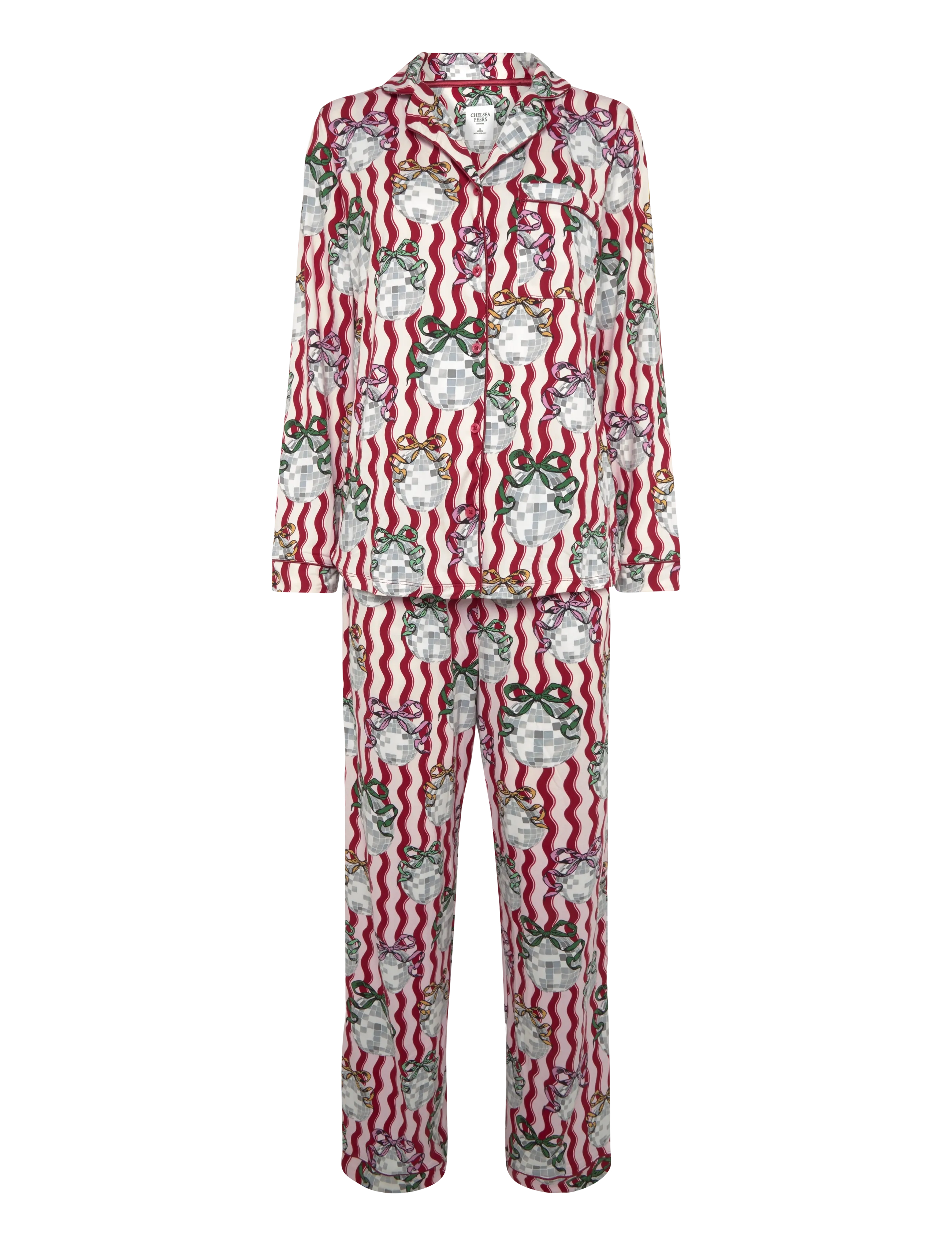 Chelsea Peers Disco Balls Wiggle Long Button Up Pyjama Set - Transitional Layering - PINK / pink/rose