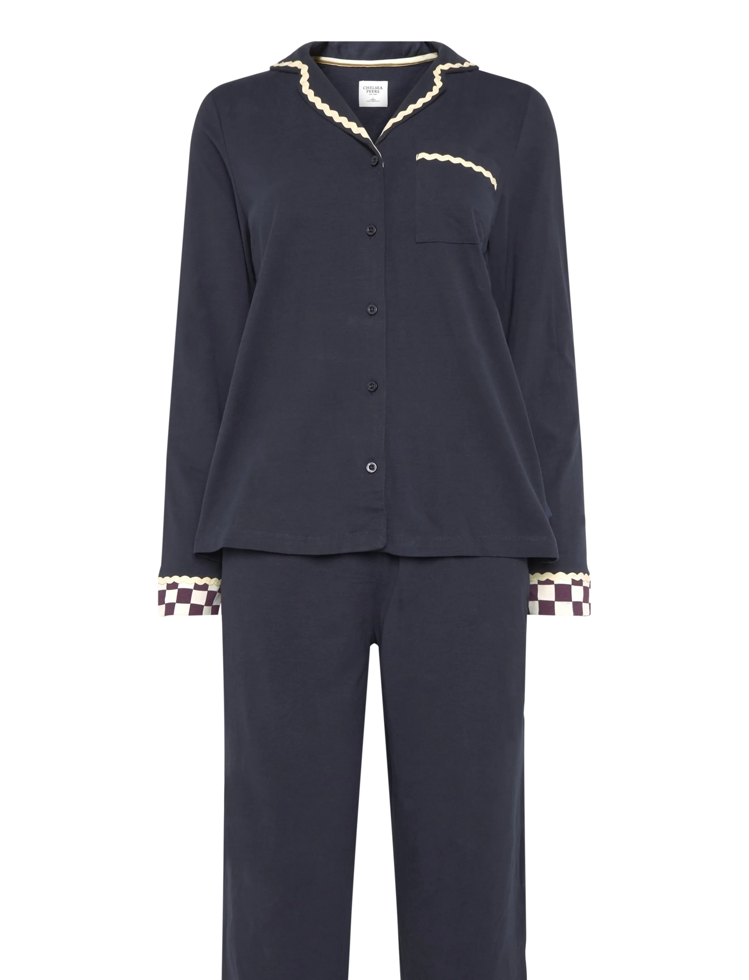 Chelsea Peers Organic Cotton Checkerboard Embroidered Back Good Night Long Pyjama Set - Kollektionen - NAVY / navy