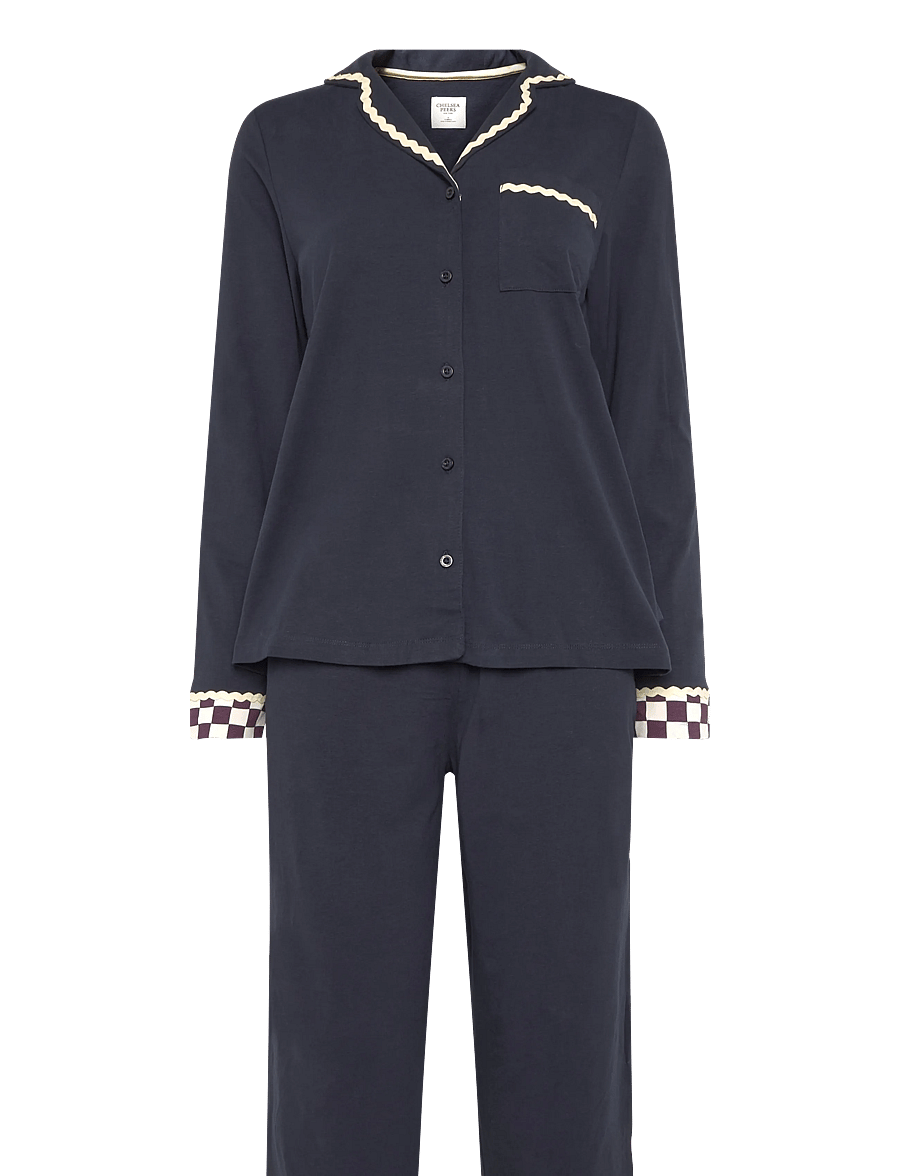 Chelsea Peers - Organic Cotton Checkerboard Embroidered Back Good Night Long Pyjama Set - pyjamas - navy - 1