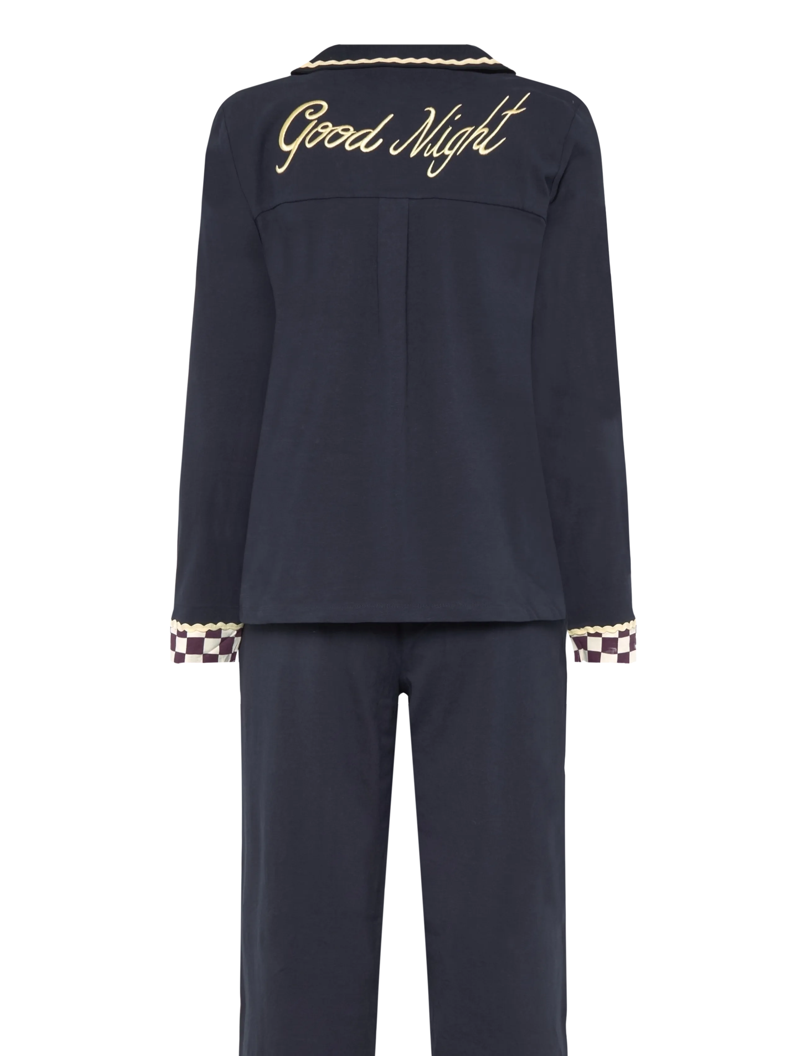 Chelsea Peers - Organic Cotton Checkerboard Embroidered Back Good Night Long Pyjama Set - sügisene kokkuhoid - navy - 2