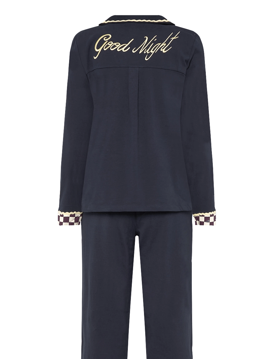 Chelsea Peers - Organic Cotton Checkerboard Embroidered Back Good Night Long Pyjama Set - pyjamas - navy - 2