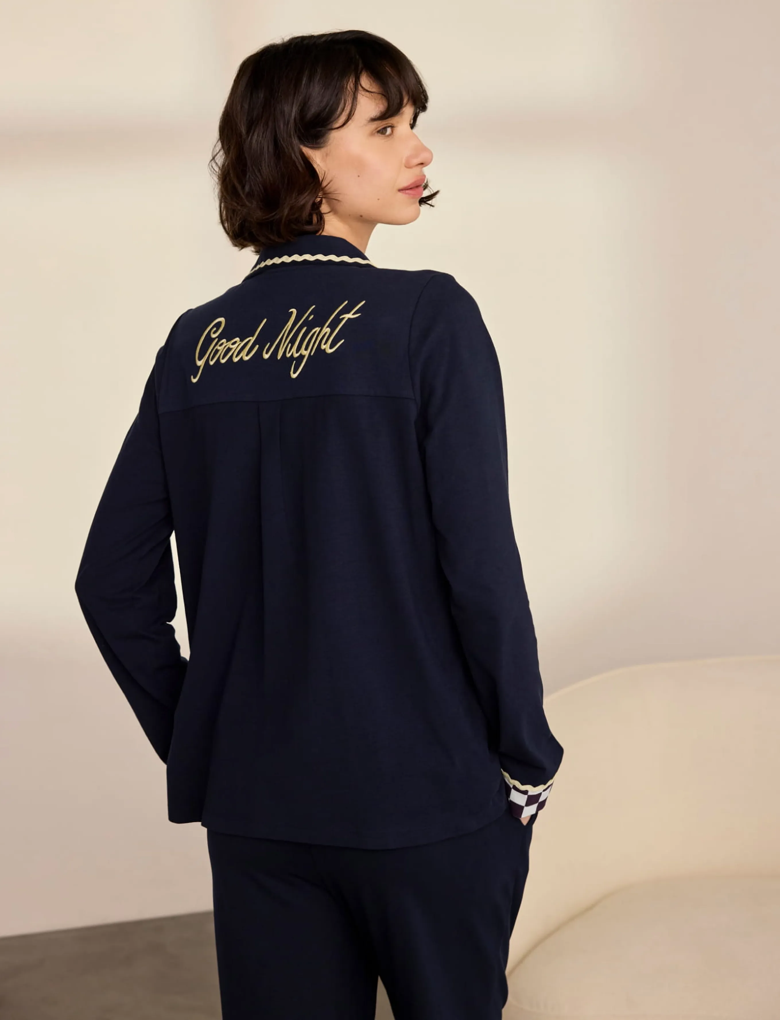 Organic Cotton Checkerboard Embroidered Back Good Night Long Pyjama Set