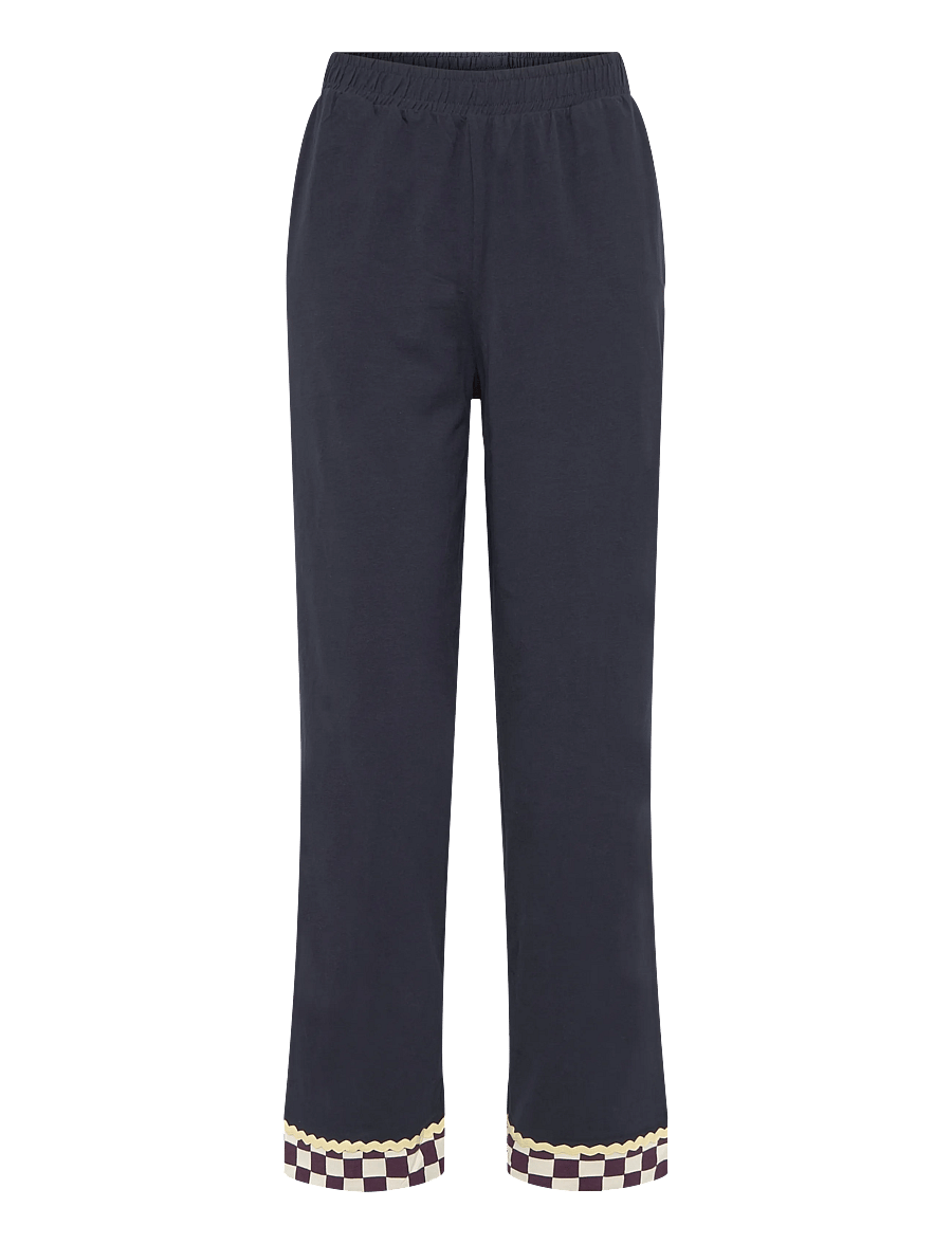 Chelsea Peers - Organic Cotton Checkerboard Embroidered Back Good Night Long Pyjama Set - pyjamas - navy - 3