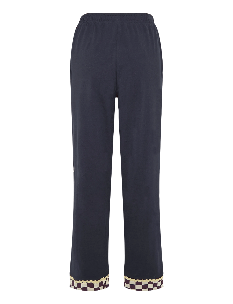Chelsea Peers - Organic Cotton Checkerboard Embroidered Back Good Night Long Pyjama Set - pyjamas - navy - 4