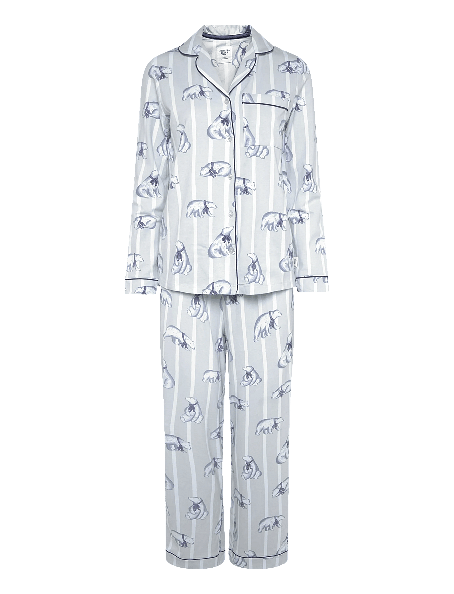Chelsea Peers - Organic Cotton Polar Bear Stripe Print Long Pyjama Set - pyjamas - white - 1