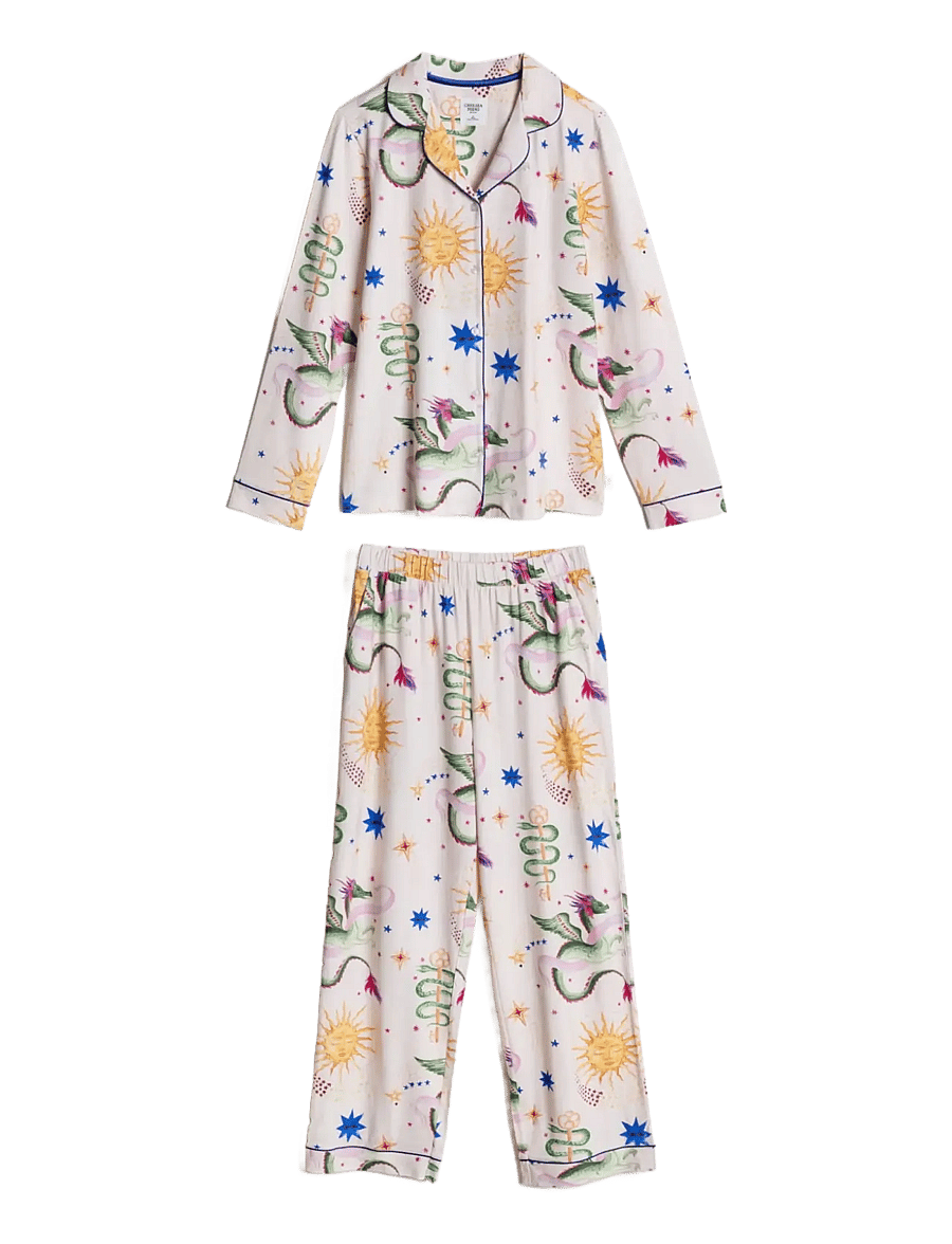 Chelsea Peers - Organic Cotton Mythical Dragon Print Long Pyjama Set - pyjamas - off white - 1