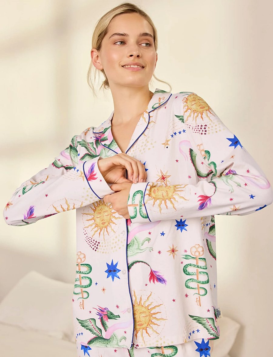 Chelsea Peers - Organic Cotton Mythical Dragon Print Long Pyjama Set - pyjamas - off white - 0
