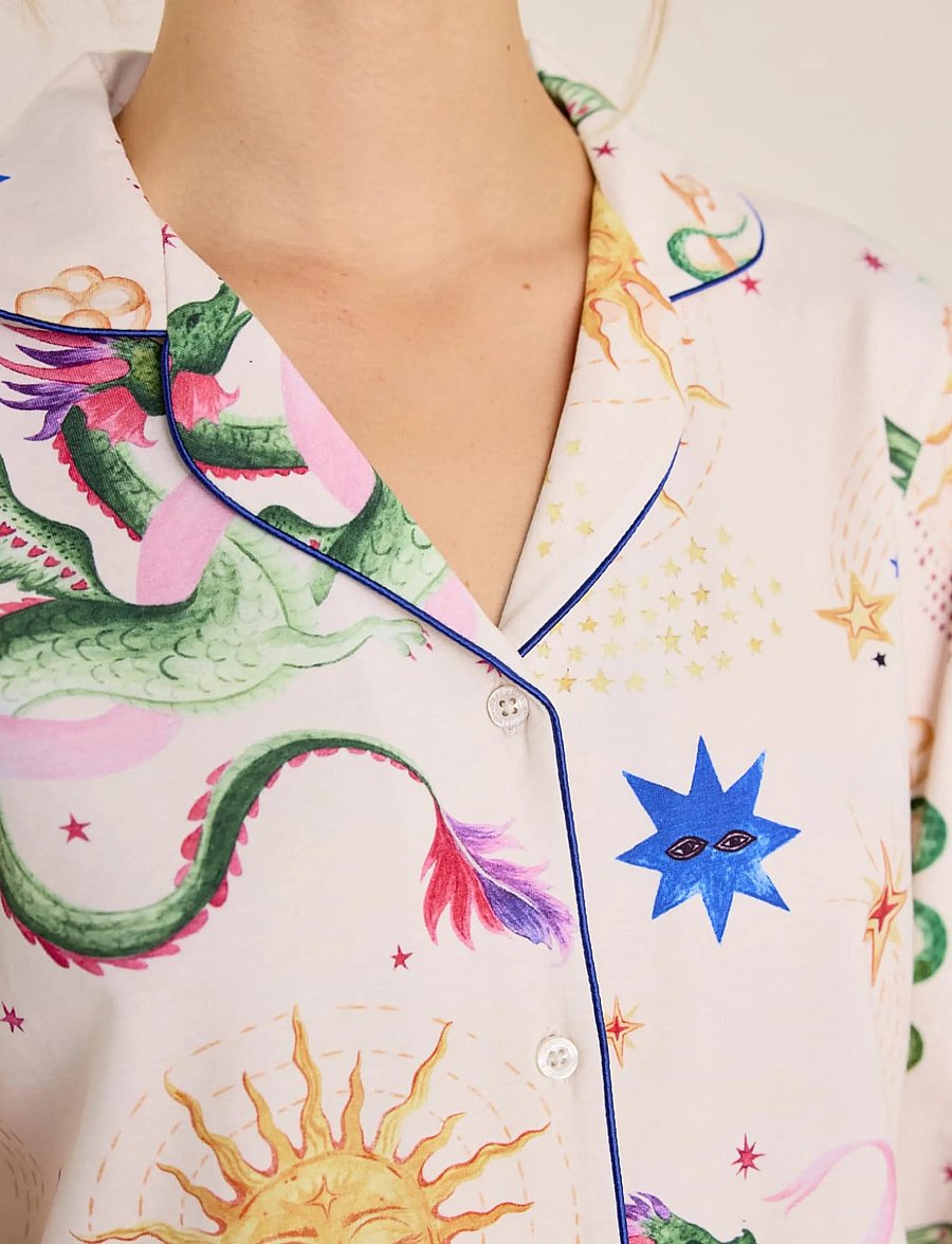 Chelsea Peers - Organic Cotton Mythical Dragon Print Long Pyjama Set - pyjamas - off white - 2