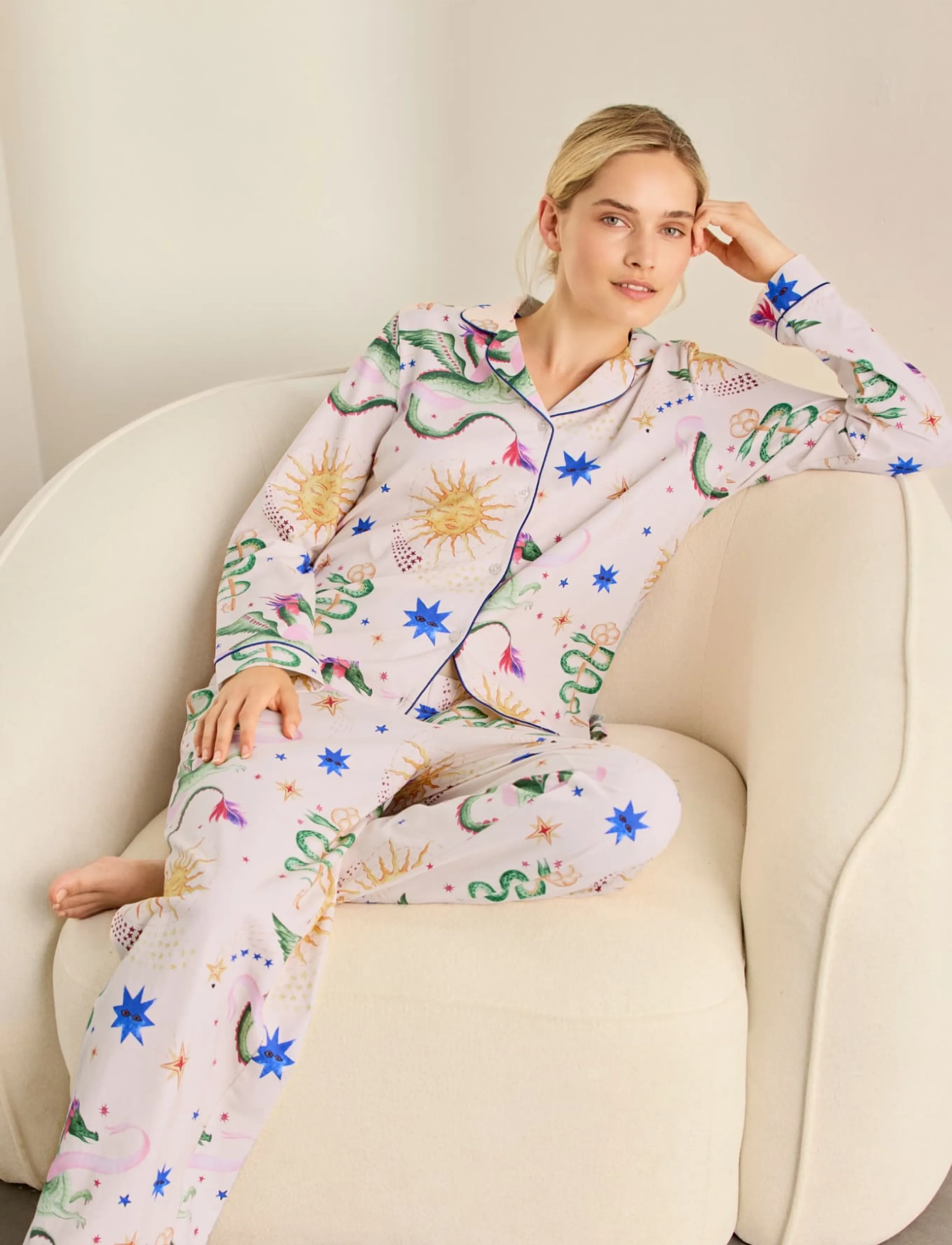 Chelsea Peers - Organic Cotton Mythical Dragon Print Long Pyjama Set - pyjamas - off white - 3