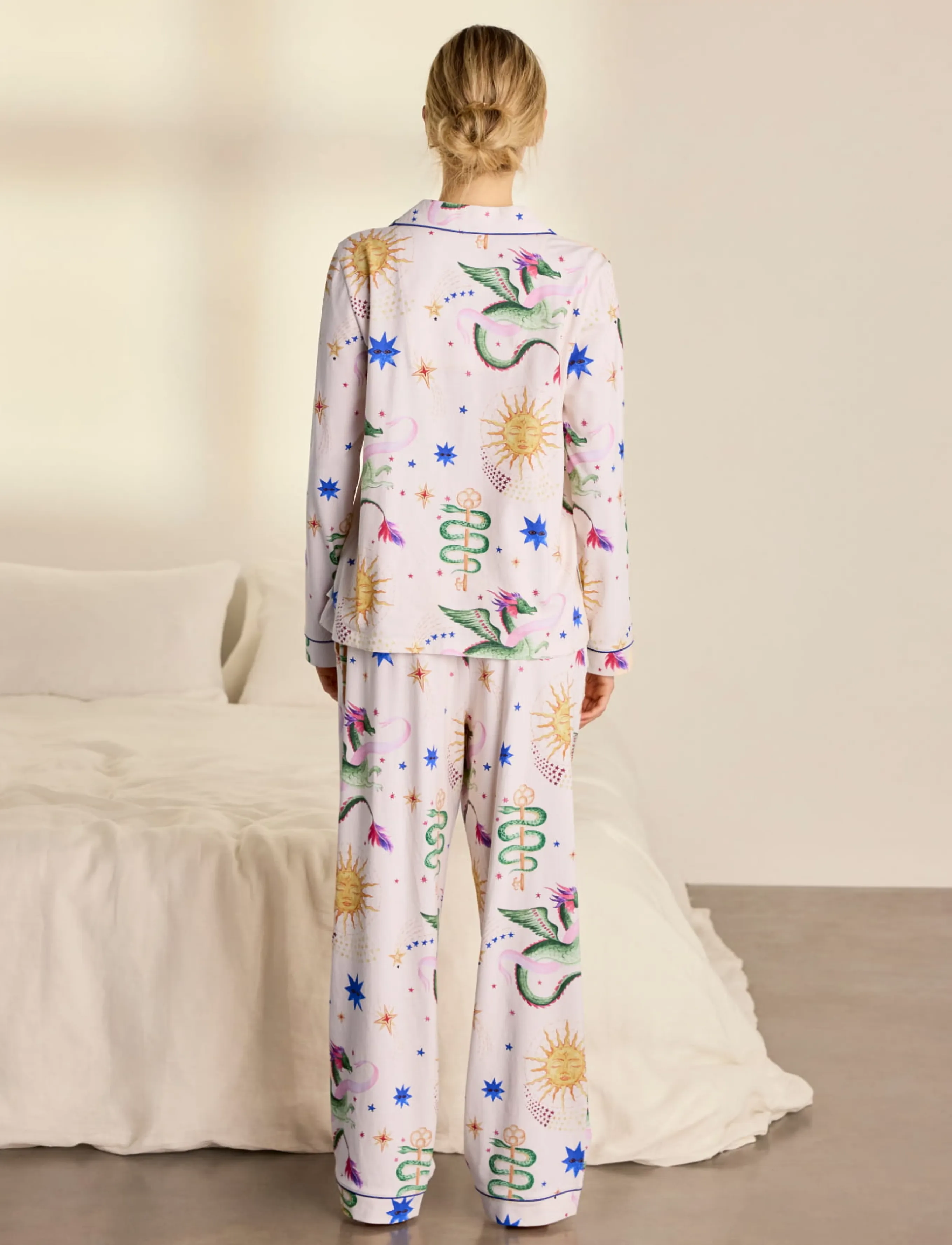 Chelsea Peers - Organic Cotton Mythical Dragon Print Long Pyjama Set - pyjamas - off white - 4