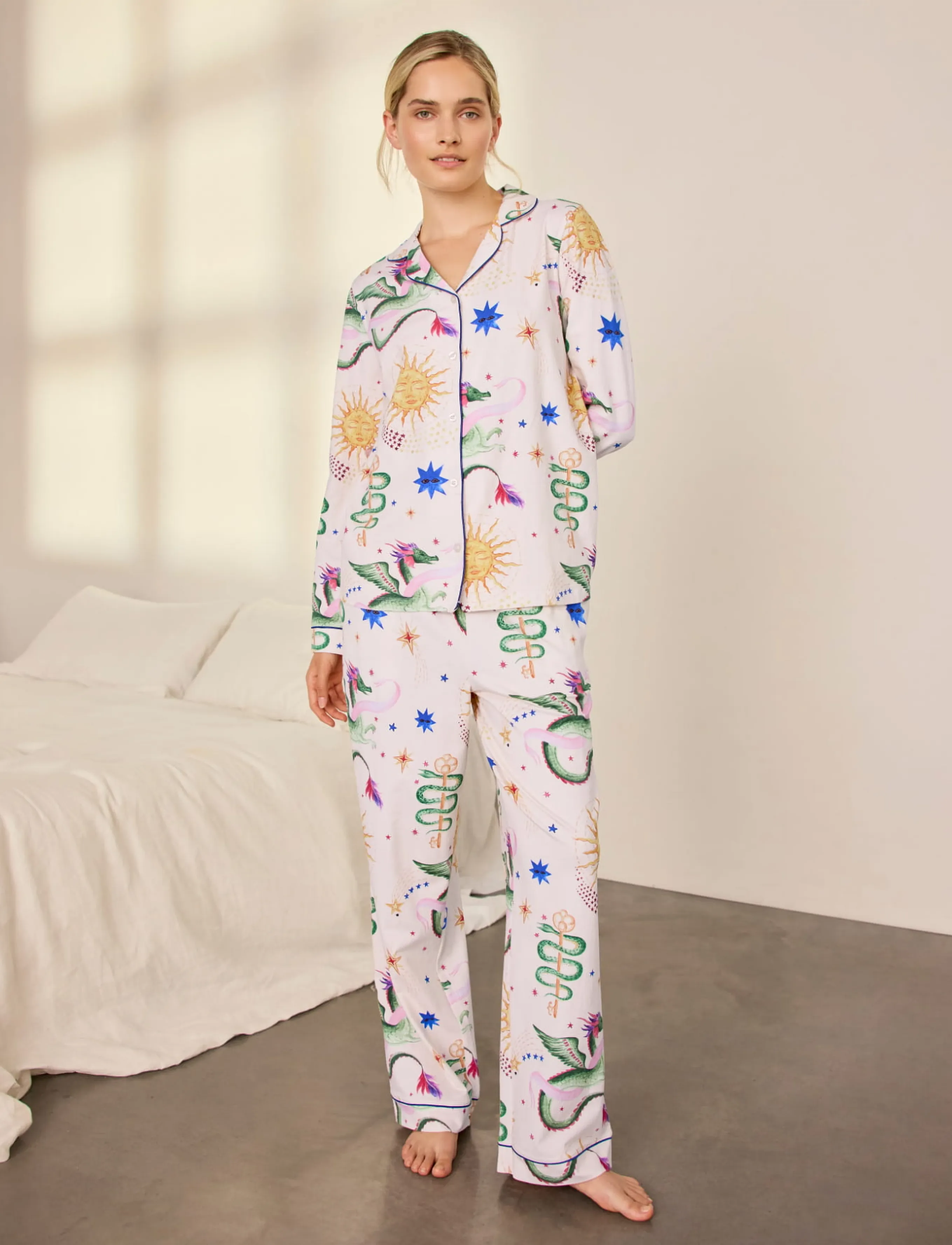 Chelsea Peers - Organic Cotton Mythical Dragon Print Long Pyjama Set - pyjamas - off white - 5