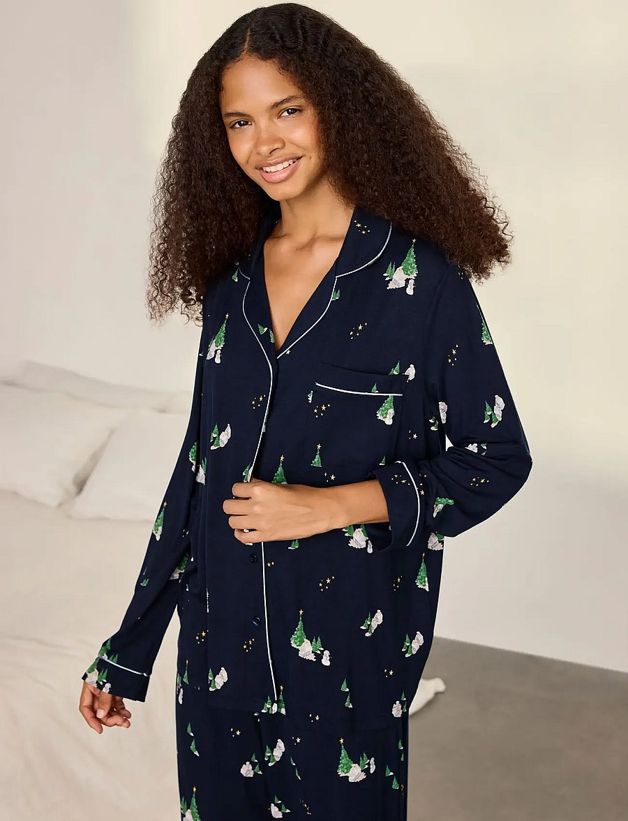 Chelsea Peers - Tiny Christmas Houses Long Pyjama Set - pyjamas - navy - 0