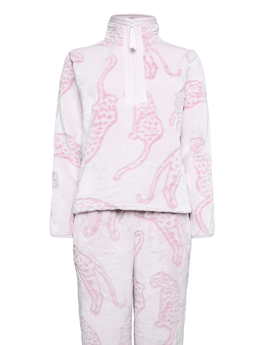 Chelsea Peers - Leopard Print Fleece Half Zip Lounge Set - fleece & midlayer - pink - 1