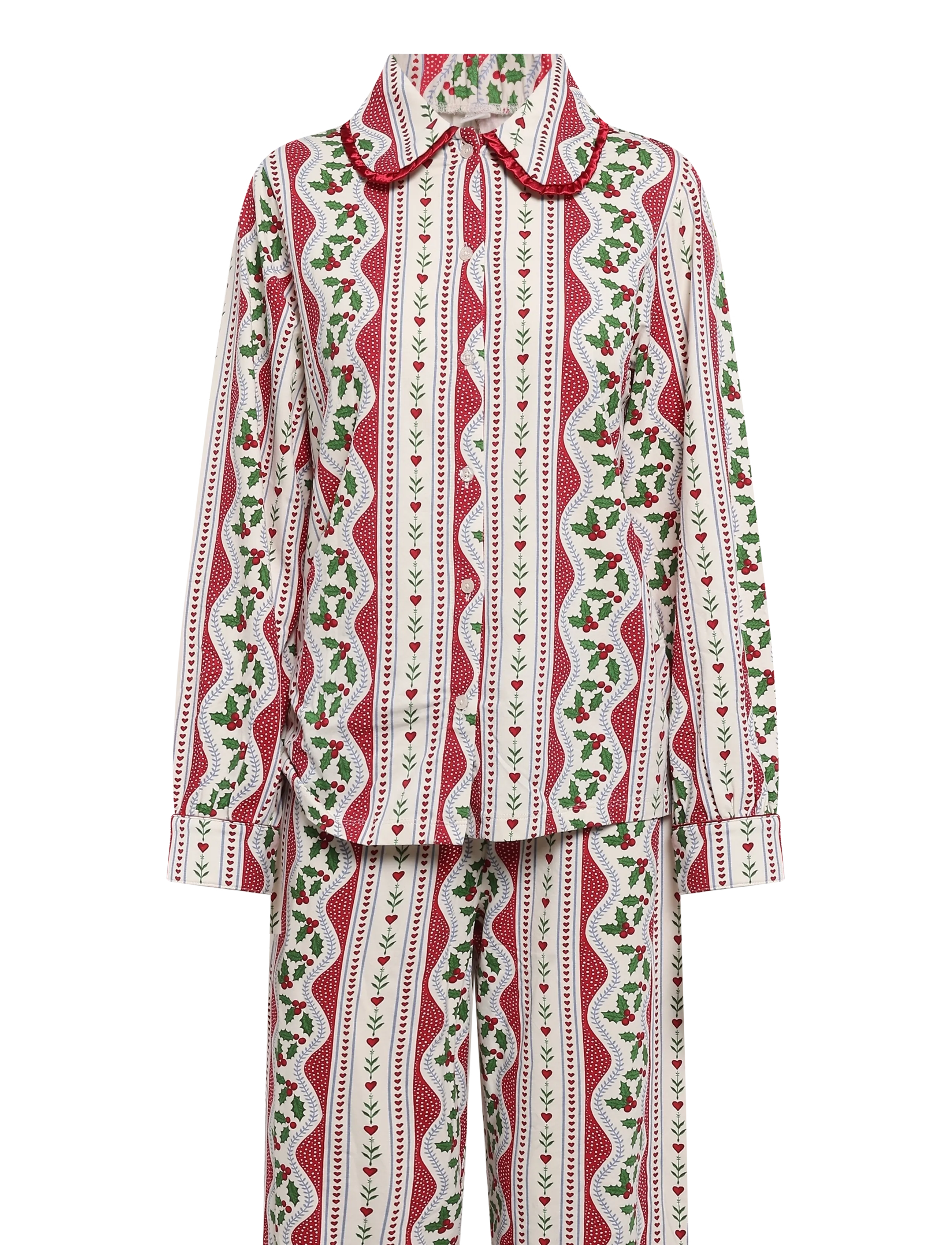 Chelsea Peers - Organic Cotton Holly Print Ruffle Long Pyjama Set - red - 1