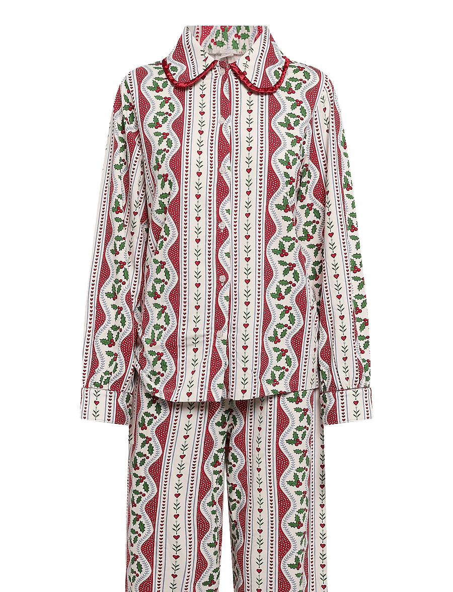 Chelsea Peers - Organic Cotton Holly Print Ruffle Long Pyjama Set - red - 1