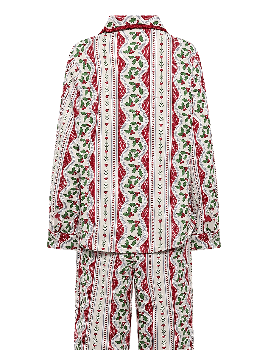 Chelsea Peers - Organic Cotton Holly Print Ruffle Long Pyjama Set - red - 2