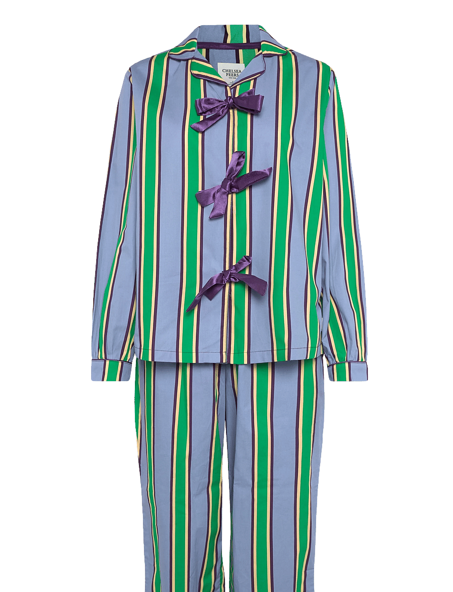 Chelsea Peers - Organic Cotton Jewel Stripe Button Up Long Pyjama Set - pyjamas - multi - 0