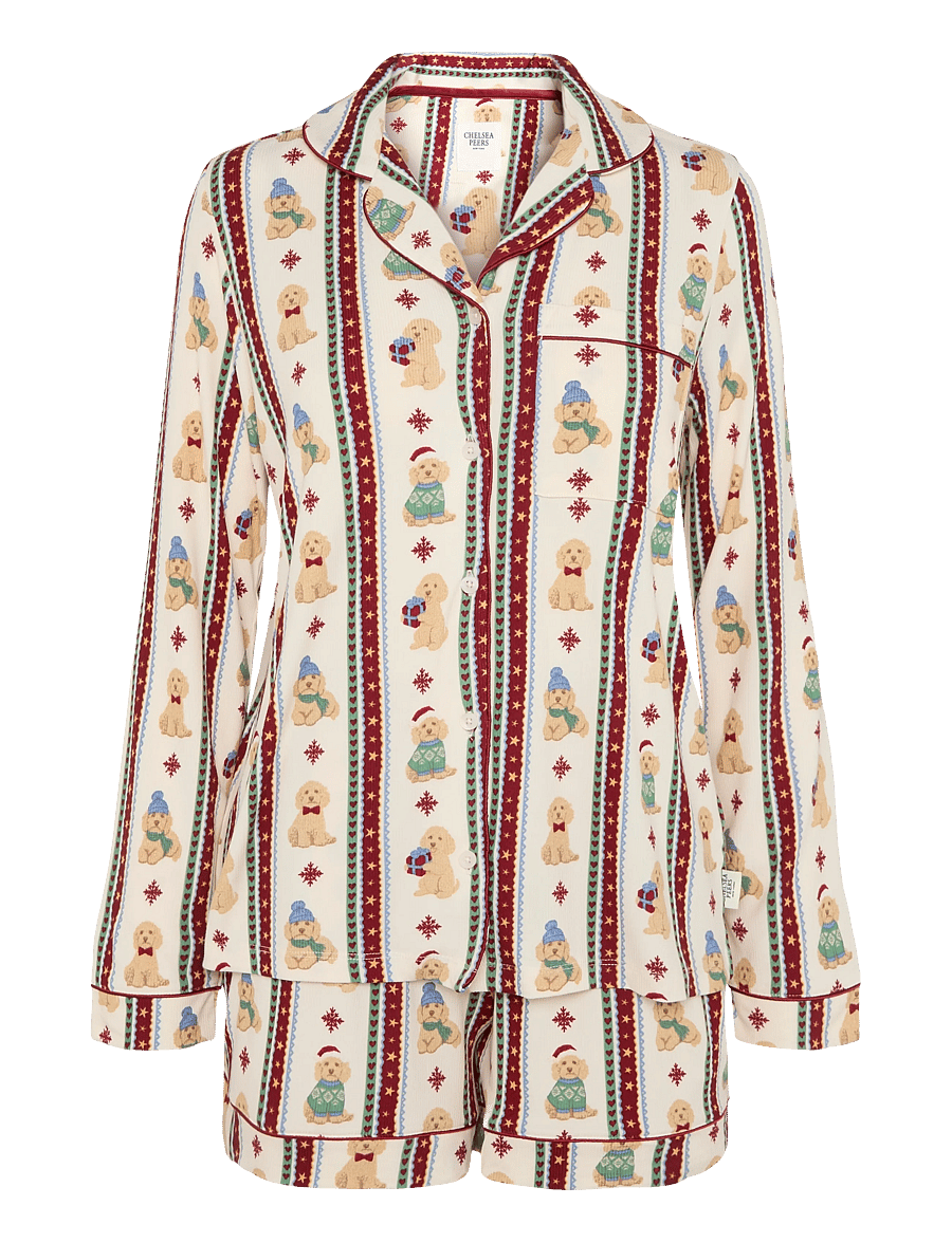 Chelsea Peers - Christmas Dog Stripe Short Pyjama Set - pyjamas - off white - 1