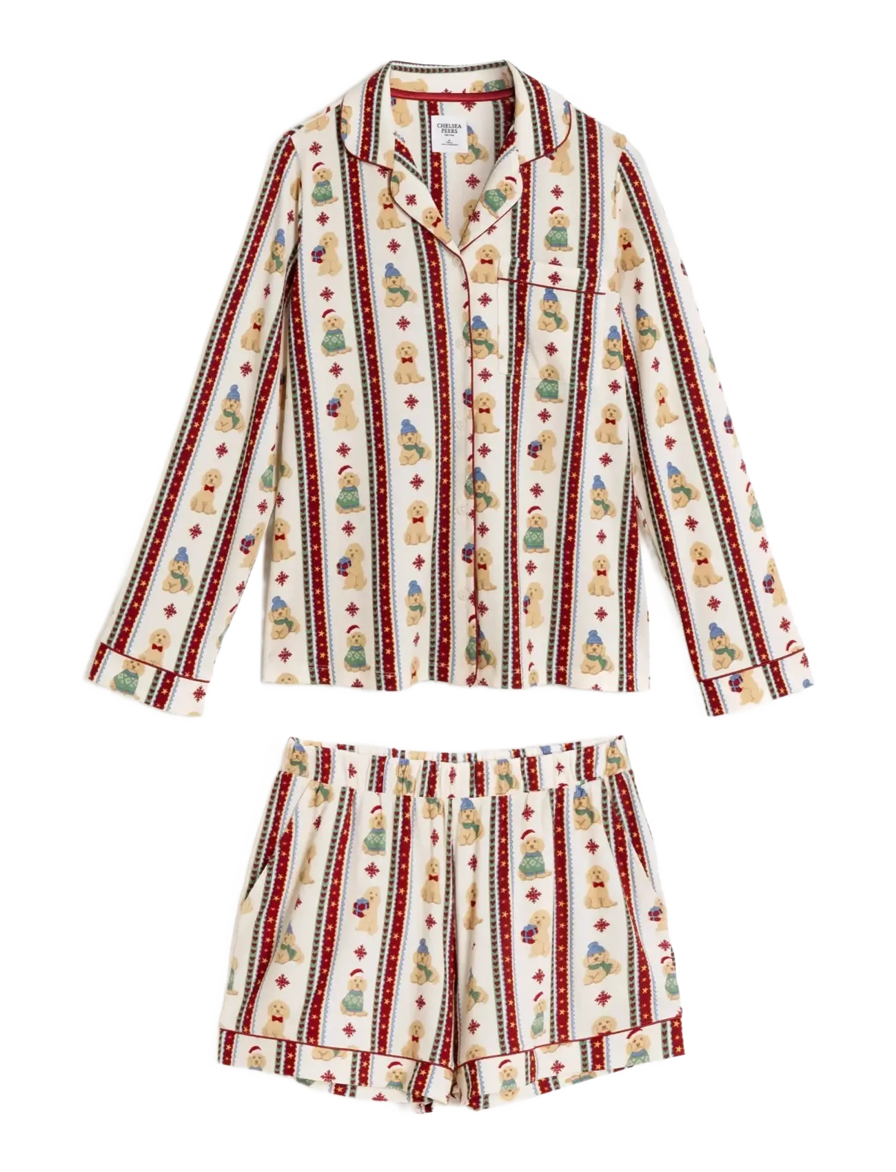 Chelsea Peers Christmas Dog Stripe Short Pyjama Set - Mysiga looks - OFF WHITE / multi