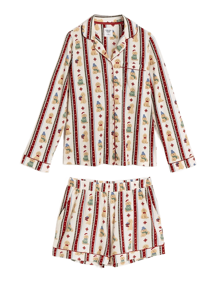 Chelsea Peers - Christmas Dog Stripe Short Pyjama Set - off white - 1