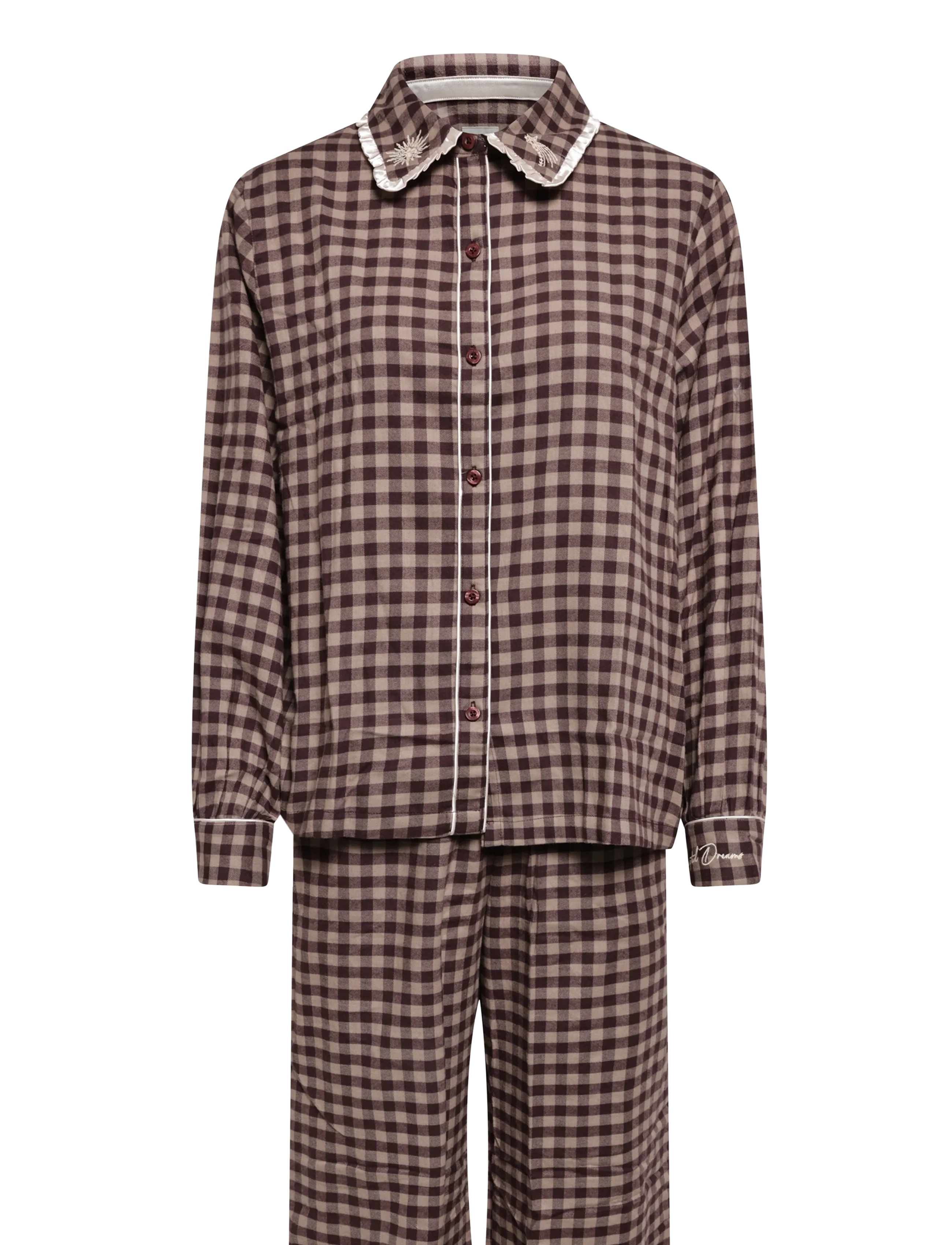 Chelsea Peers - Organic Cotton Embroidered Gingham Enchanted Dreams Long Pyjama Set - pyjamas - brown - 1