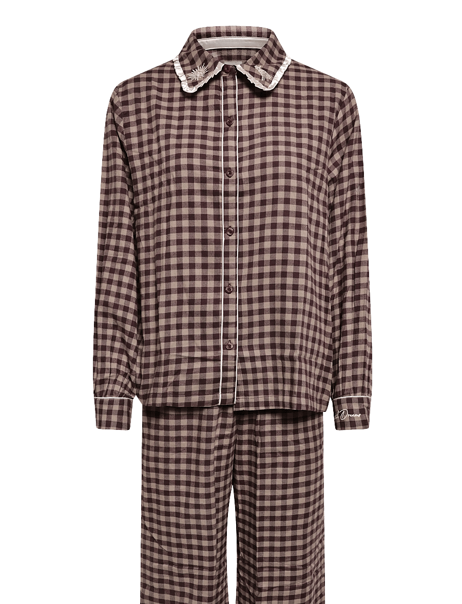 Chelsea Peers - Organic Cotton Embroidered Gingham Enchanted Dreams Long Pyjama Set - pyjamas - brown - 1
