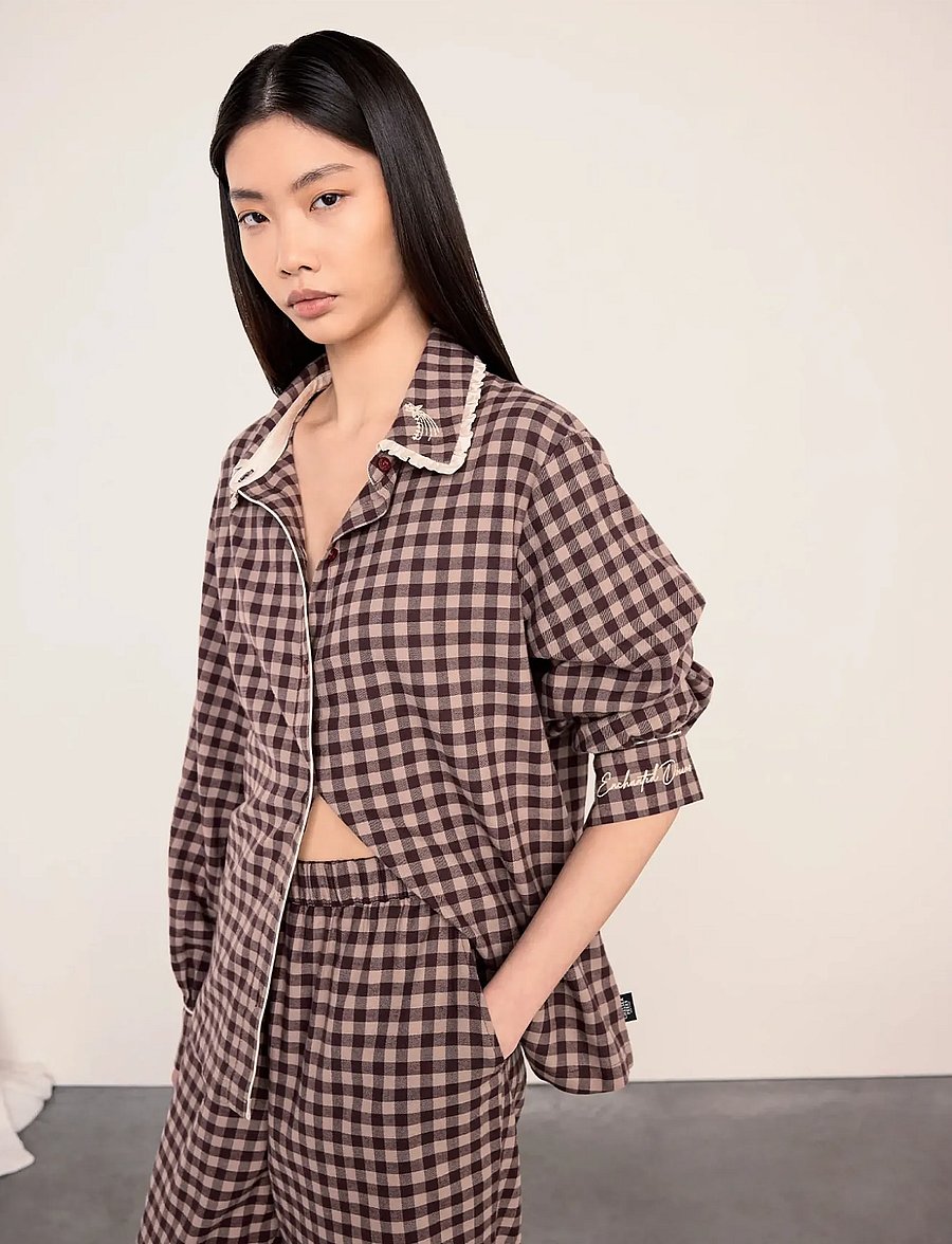 Chelsea Peers - Organic Cotton Embroidered Gingham Enchanted Dreams Long Pyjama Set - pyjamas - brown - 0