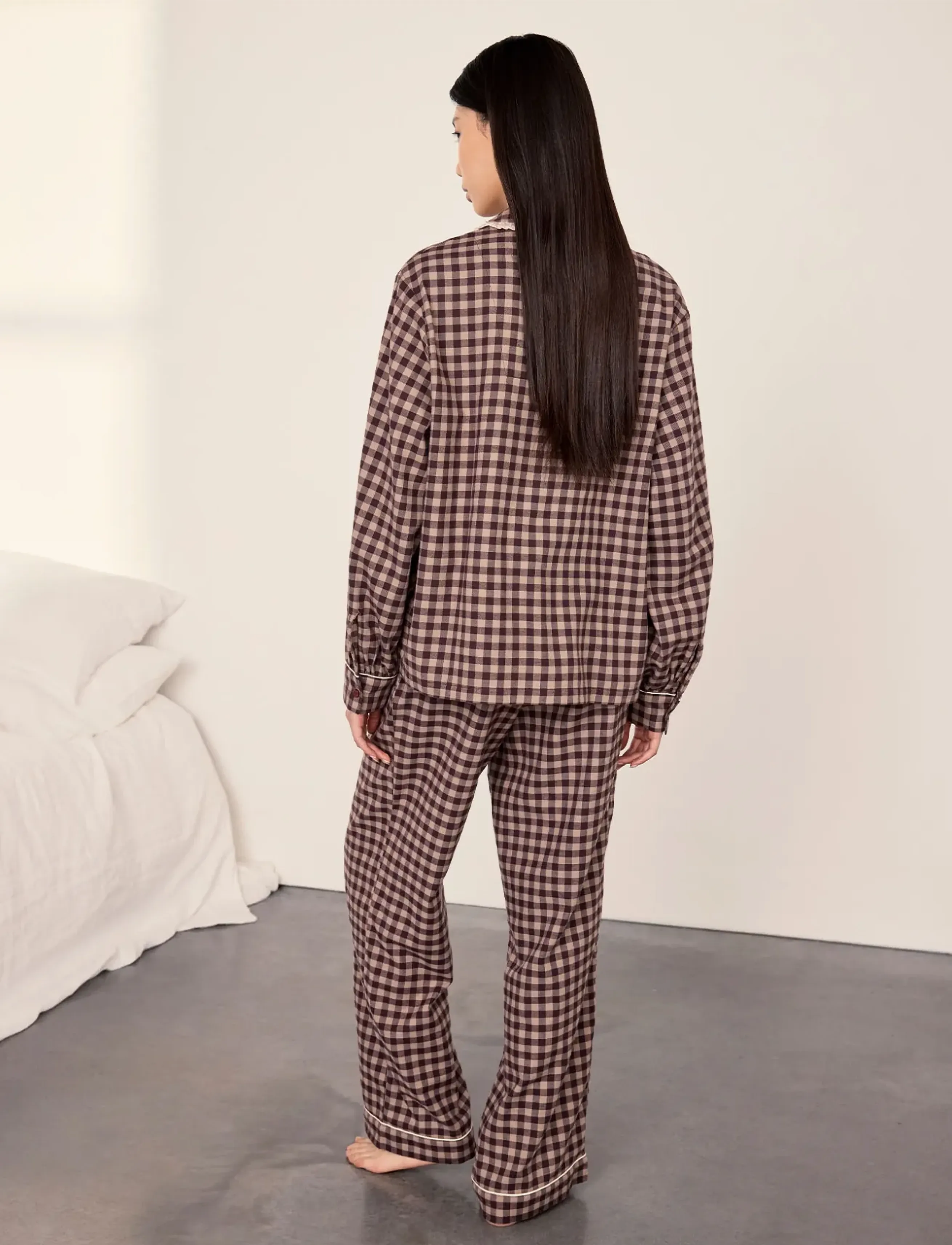 Chelsea Peers - Organic Cotton Embroidered Gingham Enchanted Dreams Long Pyjama Set - pyjamas - brown - 5