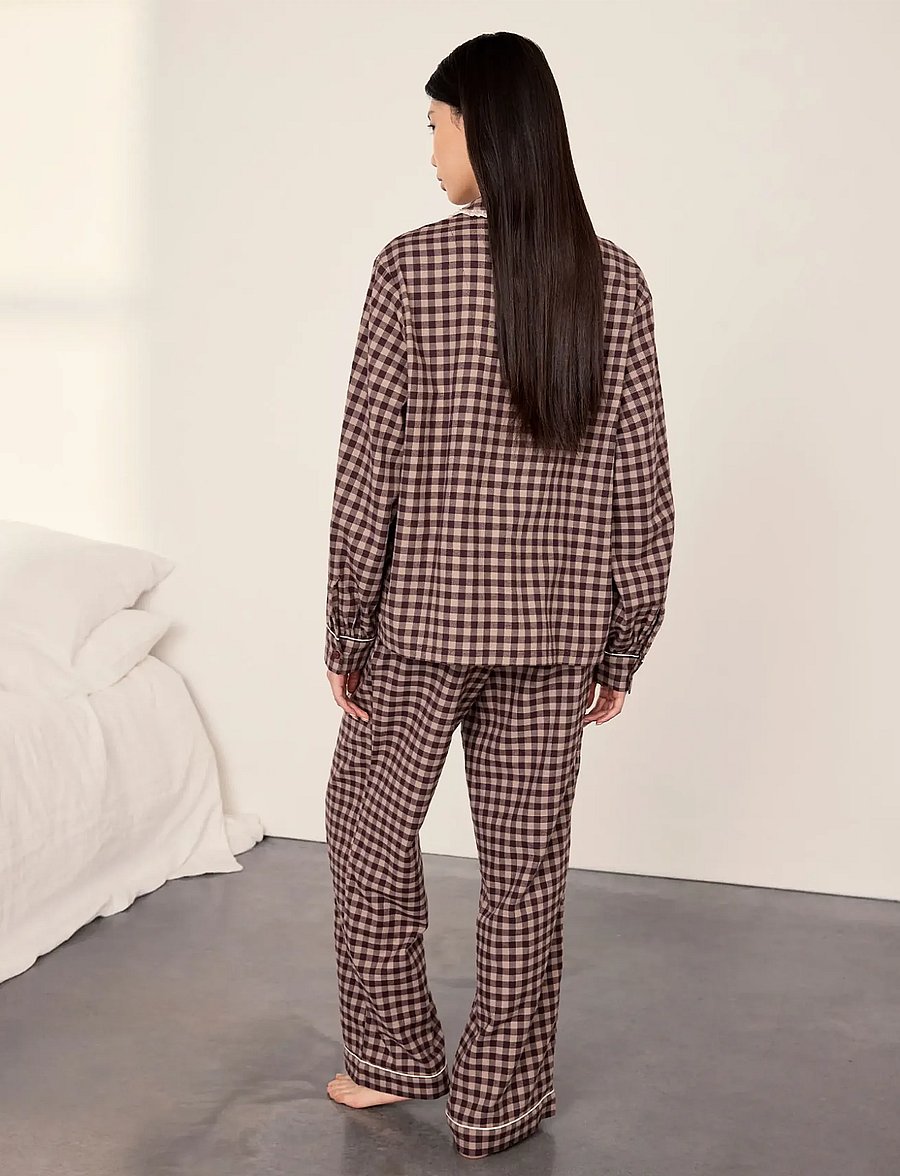 Chelsea Peers - Organic Cotton Embroidered Gingham Enchanted Dreams Long Pyjama Set - pyjamas - brown - 5