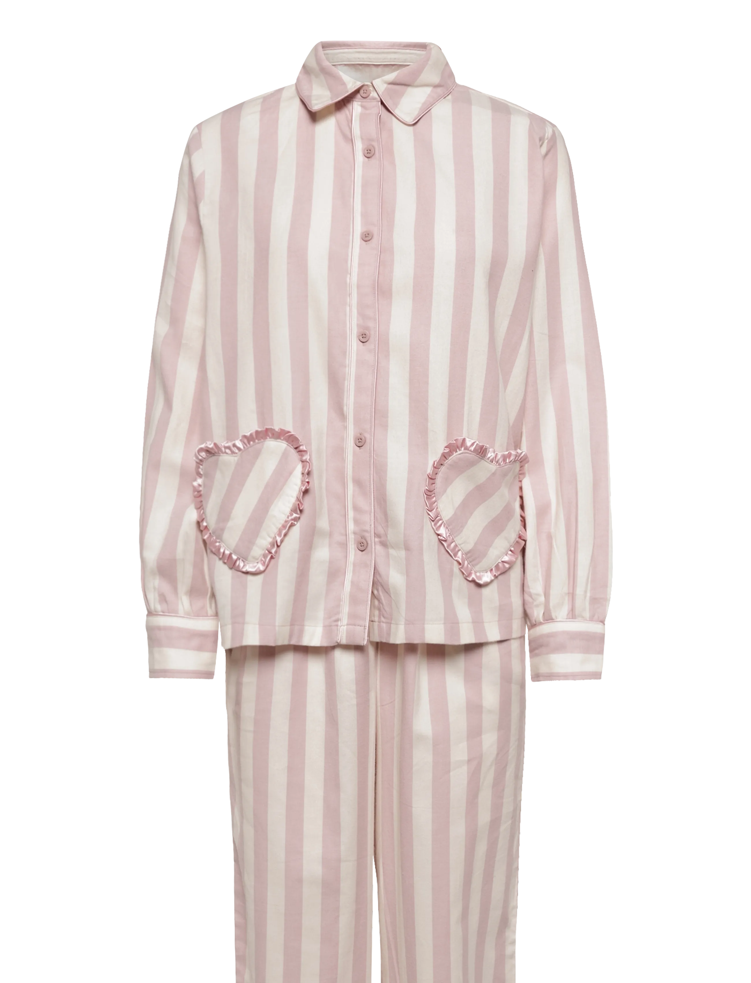 Chelsea Peers - Organic Cotton Ruffle Heart Stripe Long Pyjama Set - pyjamas - pink - 1