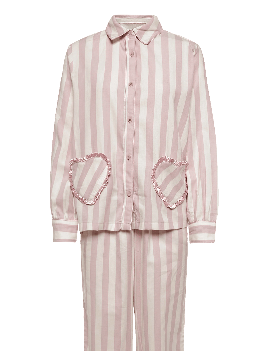Chelsea Peers - Organic Cotton Ruffle Heart Stripe Long Pyjama Set - pyjamas - pink - 1