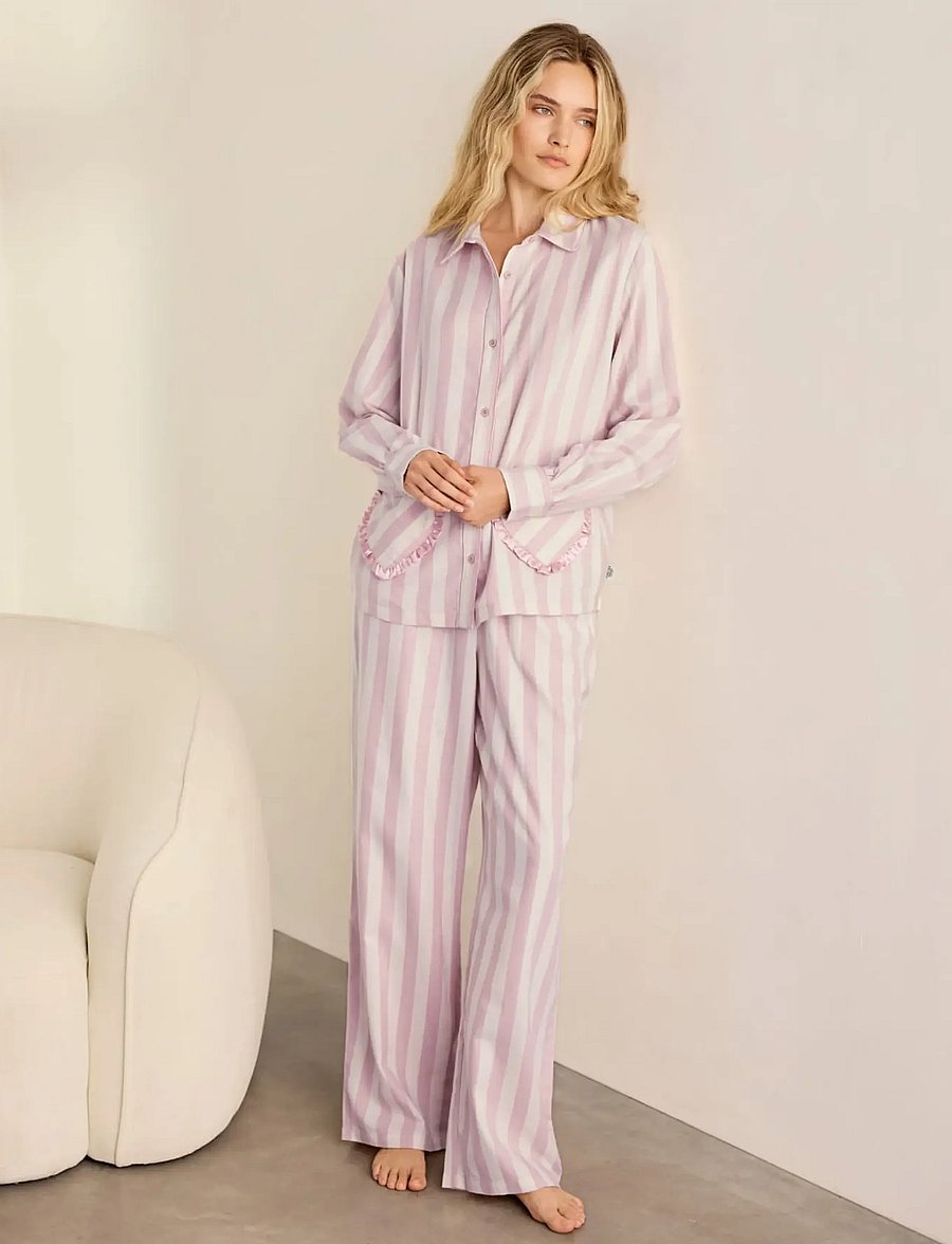 Chelsea Peers - Organic Cotton Ruffle Heart Stripe Long Pyjama Set - pyjamas - pink - 0
