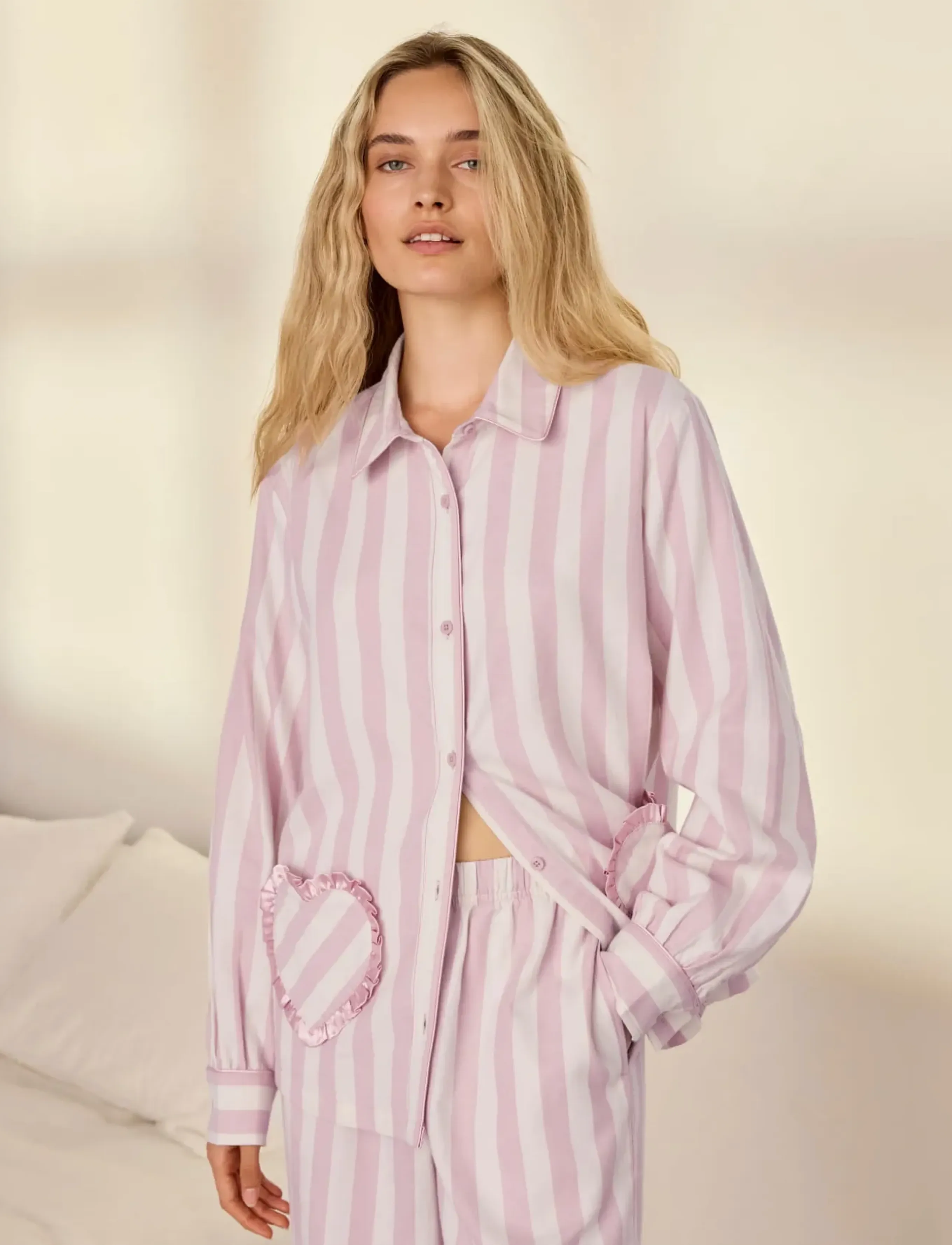 Chelsea Peers - Organic Cotton Ruffle Heart Stripe Long Pyjama Set - pyjamas - pink - 5