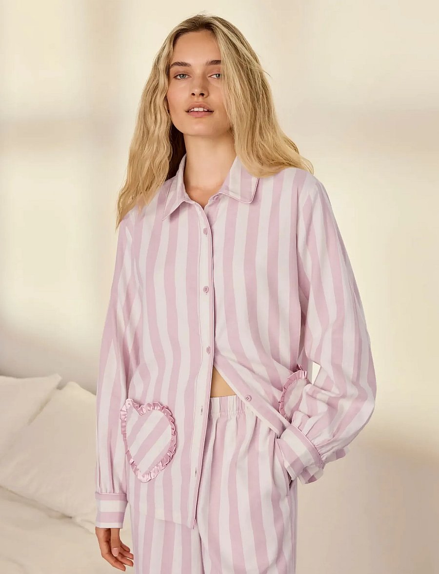 Chelsea Peers - Organic Cotton Ruffle Heart Stripe Long Pyjama Set - pyjamas - pink - 5