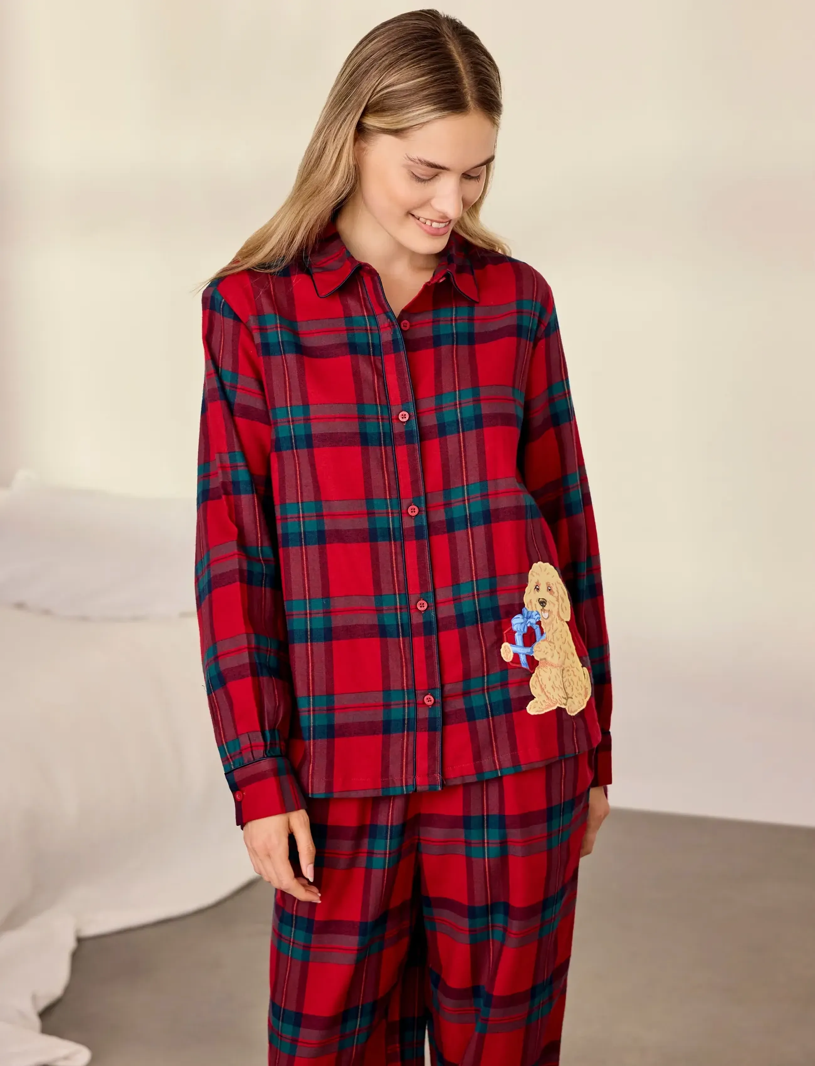 Chelsea Peers Organic Cotton Flannel Chip Check Long Pyjama Set - Clothing - RED / red