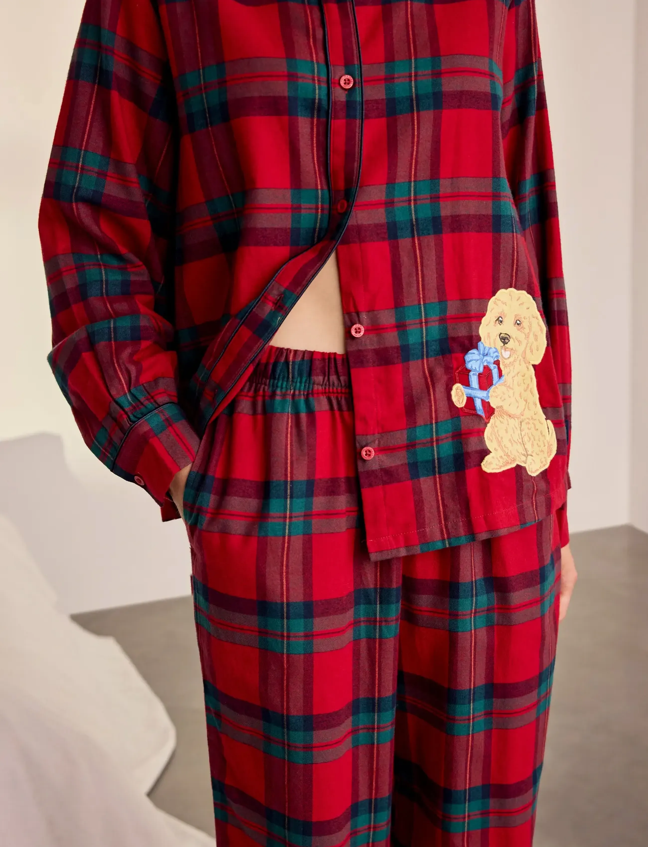 Chelsea Peers - Organic Cotton Flannel Chip Check Long Pyjama Set - langärmlige hemden - red - 5