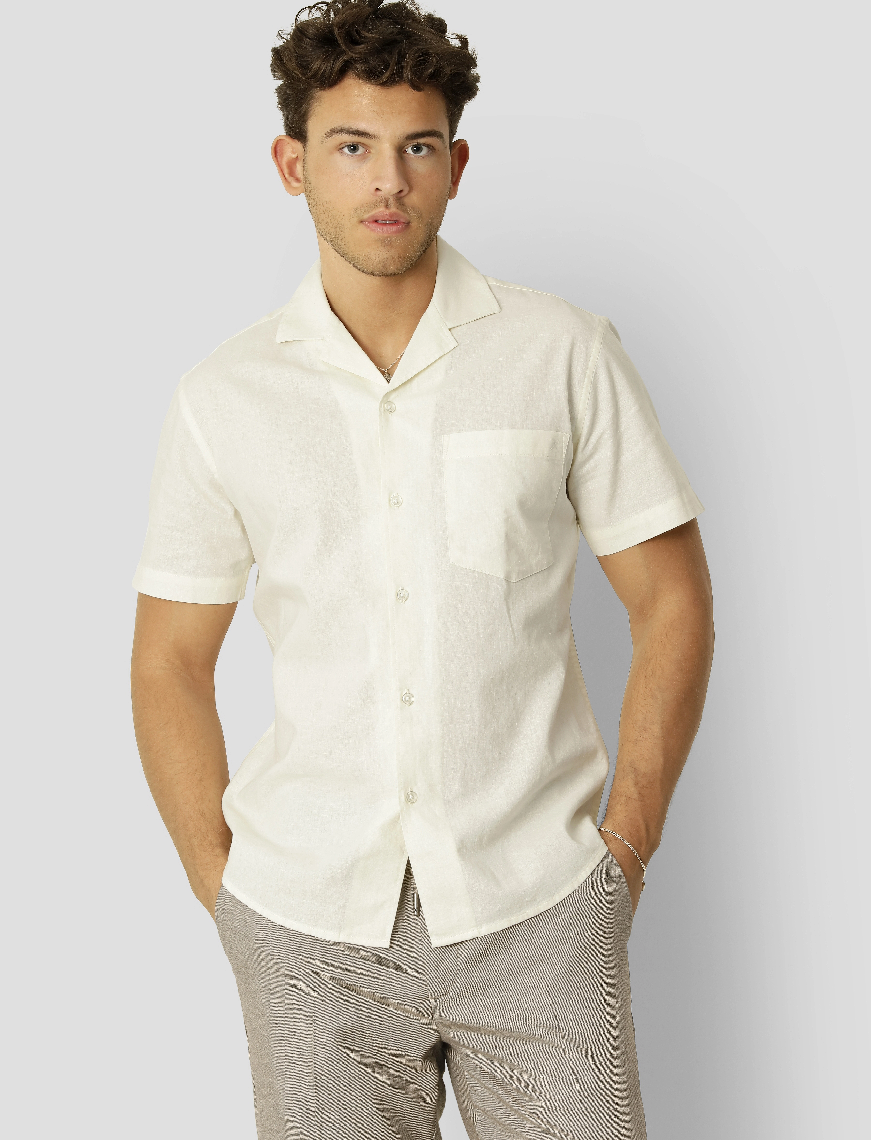 Clean Cut Copenhagen Bowling Cotton Linen Shirt S/S, M, Shirts, Creme - Short-sleeved, Männerswear